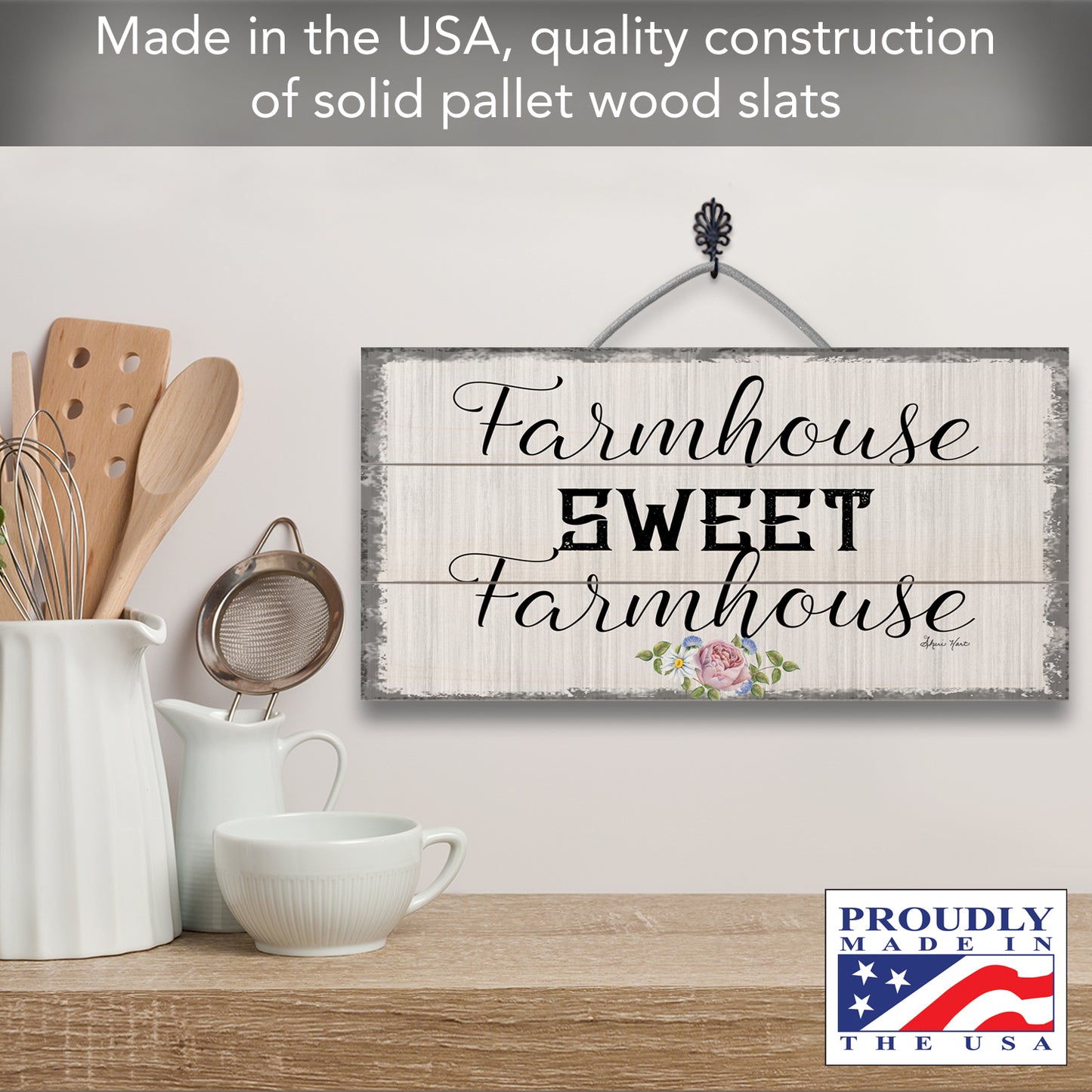 Highland Home Farmhouse Decorative Slatted Pallet Wood Sign 12" by 6" Features Wire Hanger That Doubles As An Easel