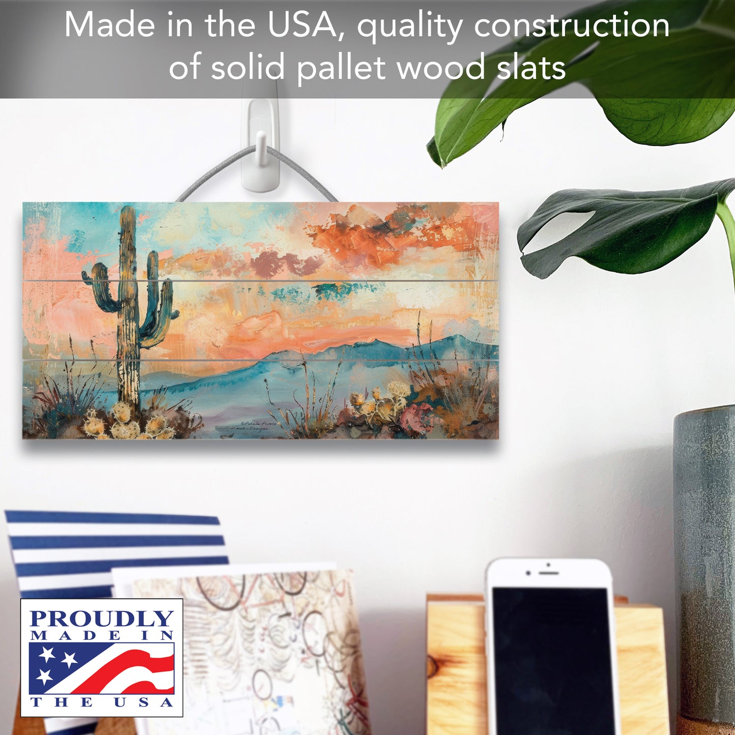 Highland Home Desert Dream Decorative Slatted Pallet Wood Sign 12" by 6" Features Wire Hanger That Doubles As An Easel