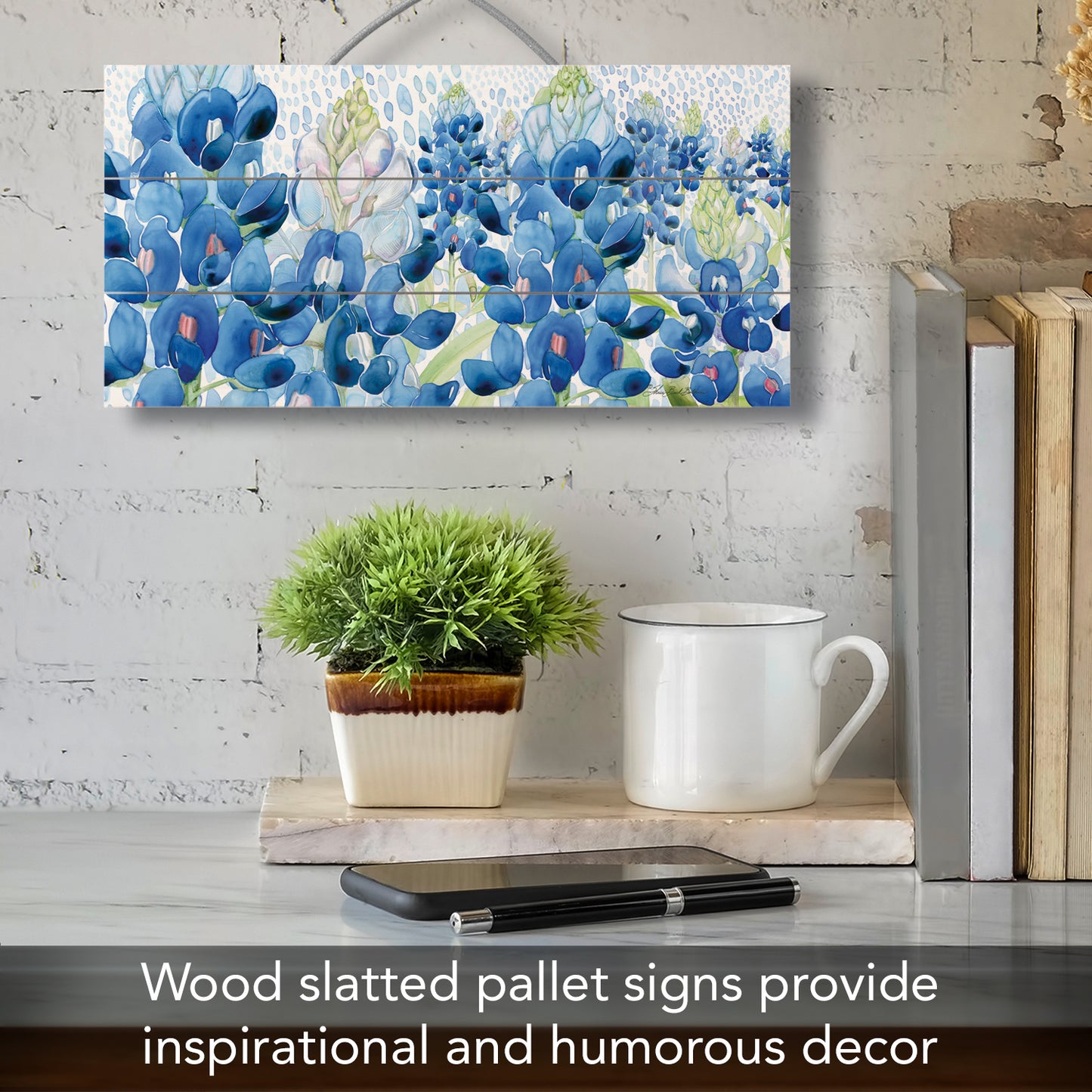 Highland Home Bluebonnet Field Decorative Slatted Pallet Wood Sign 12" by 6" Features Wire Hanger That Doubles As An Easel