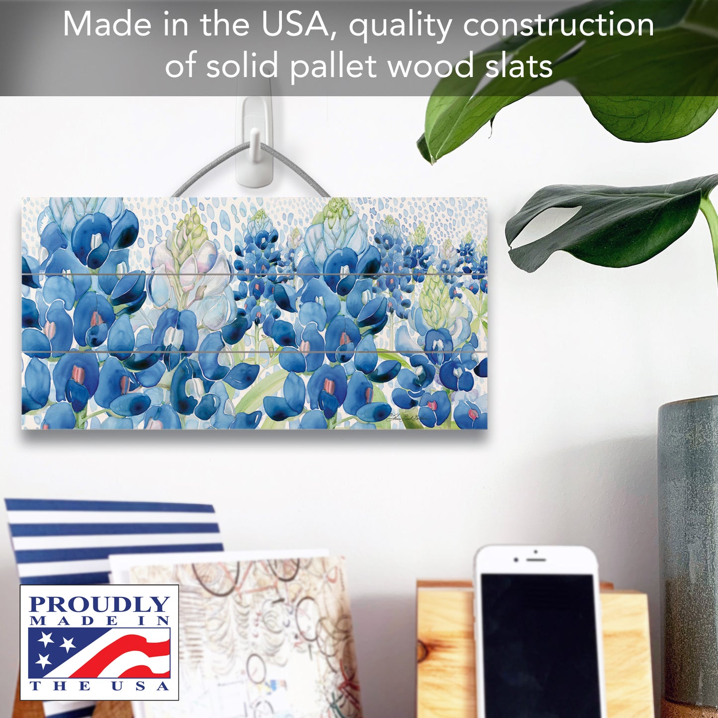 Highland Home Bluebonnet Field Decorative Slatted Pallet Wood Sign 12" by 6" Features Wire Hanger That Doubles As An Easel