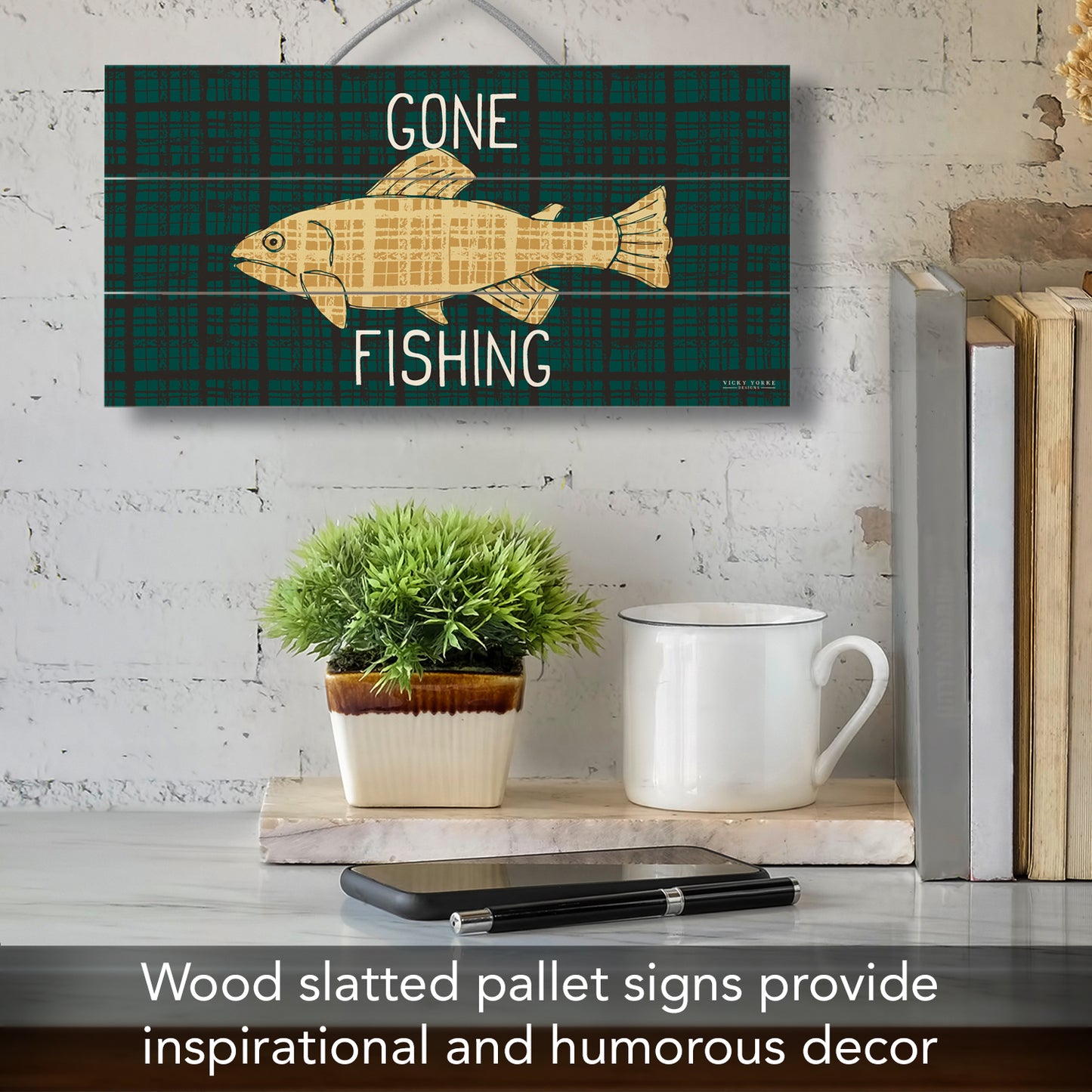 Gone Fishing Decorative Slatted Pallet Wood Sign 12" by 6" Wire Hanger Doubles as an Easel