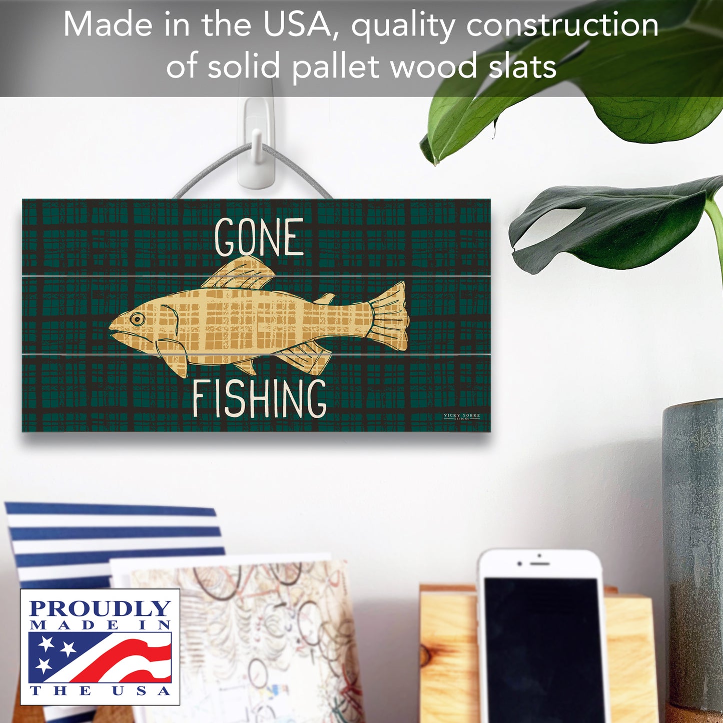 Gone Fishing Decorative Slatted Pallet Wood Sign 12" by 6" Wire Hanger Doubles as an Easel