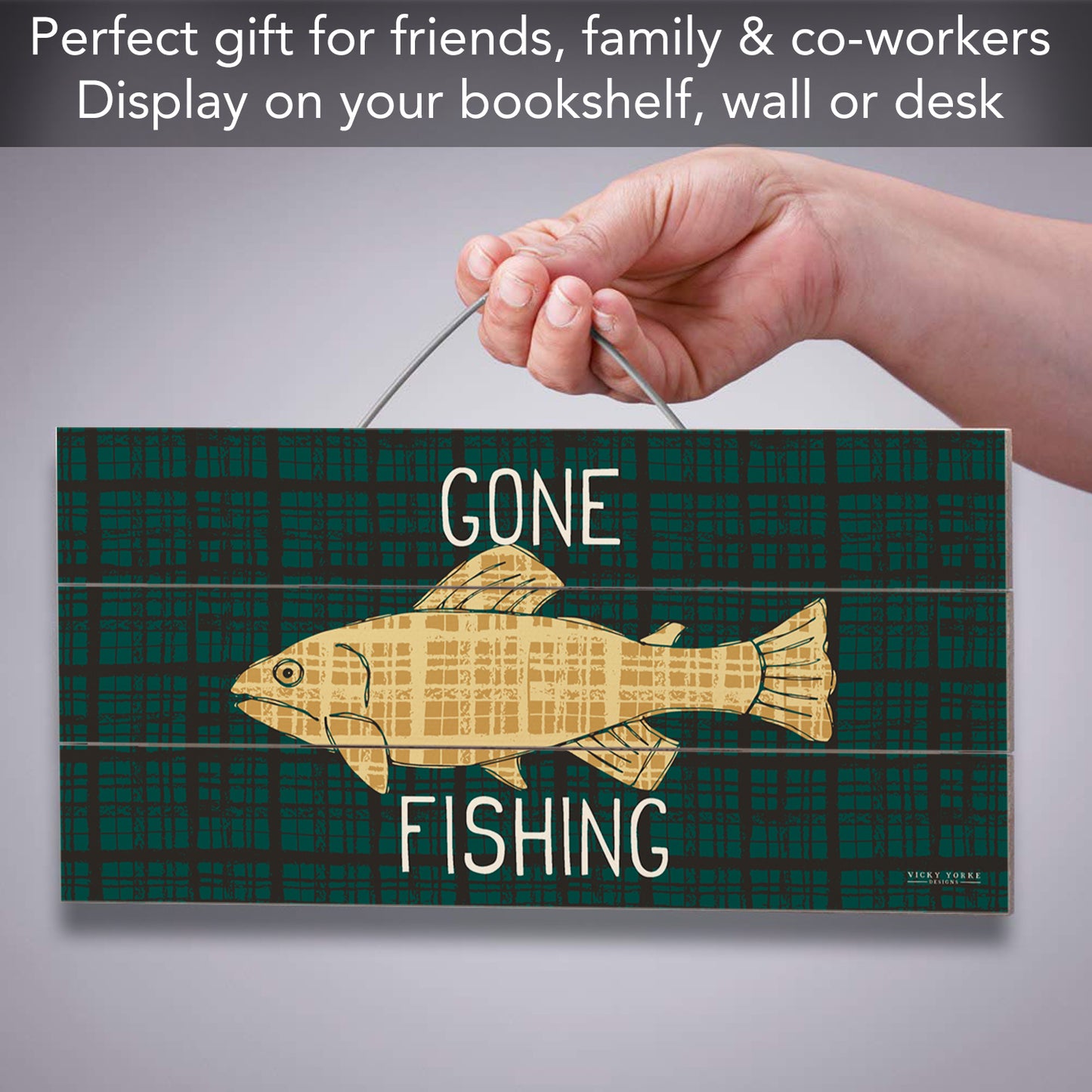Gone Fishing Decorative Slatted Pallet Wood Sign 12" by 6" Wire Hanger Doubles as an Easel