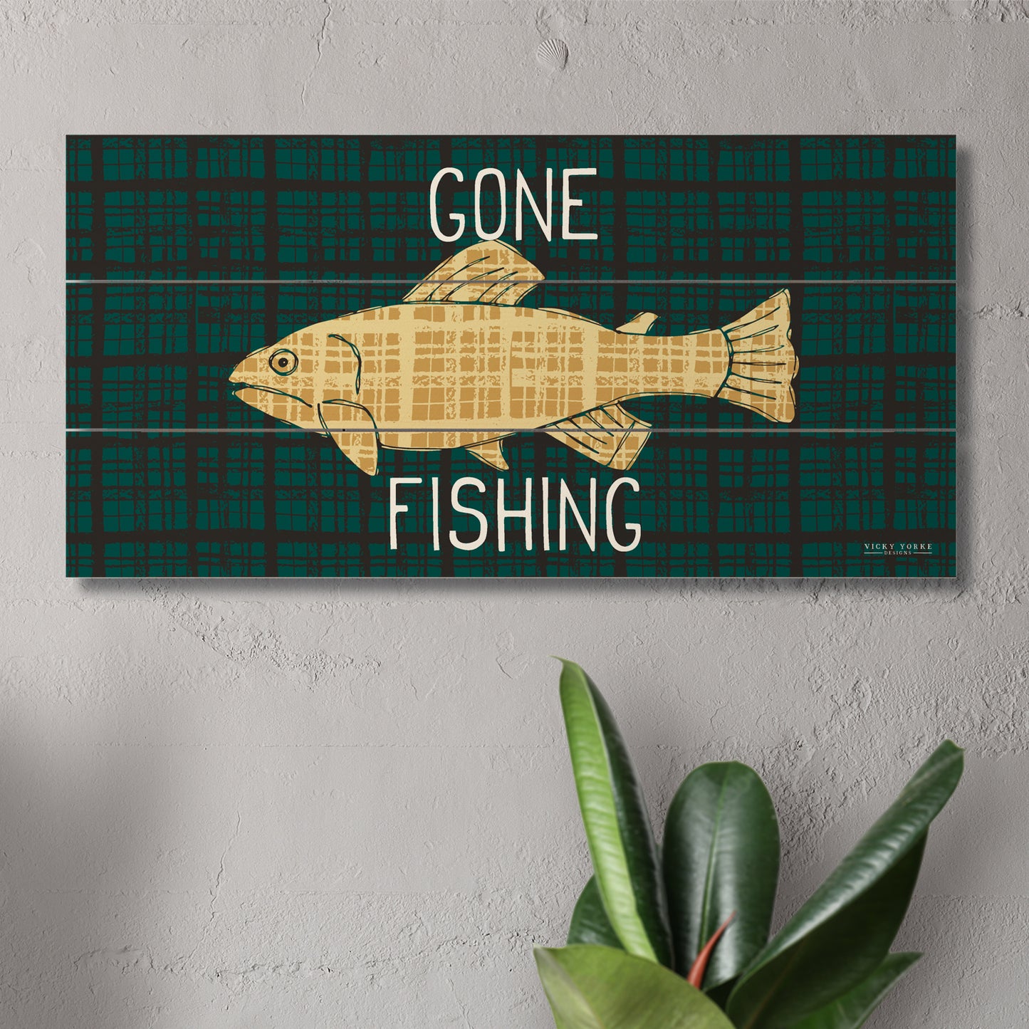 Gone Fishing Decorative Slatted Pallet Wood Sign 12" by 6" Wire Hanger Doubles as an Easel