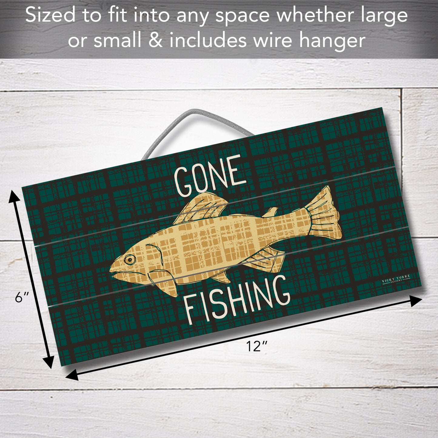 Gone Fishing Decorative Slatted Pallet Wood Sign 12" by 6" Wire Hanger Doubles as an Easel