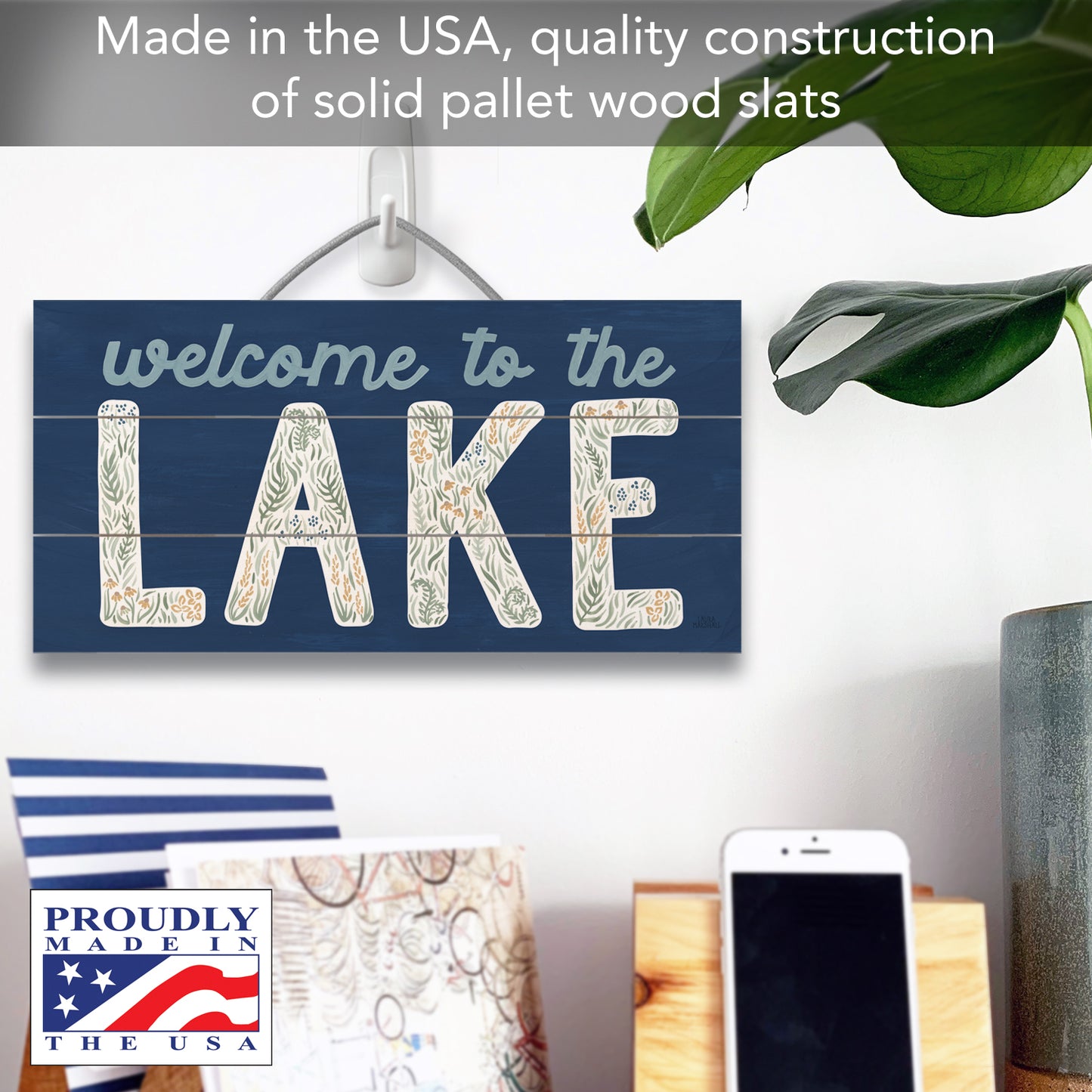 Lakeside Days Decorative Slatted Pallet Wood Sign 12" by 6" Wire Hanger Doubles as an Easel