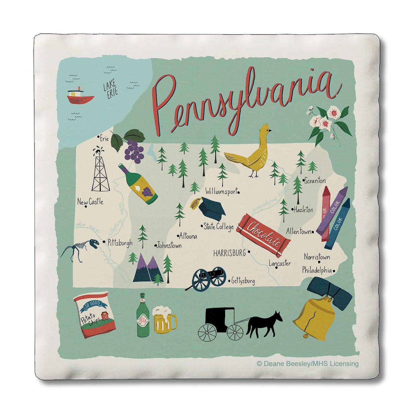 Thirstystone Pennsylvania Home State 4 Pack Tumbled Tile Stone Coasters 4" Square Manufactured in the USA