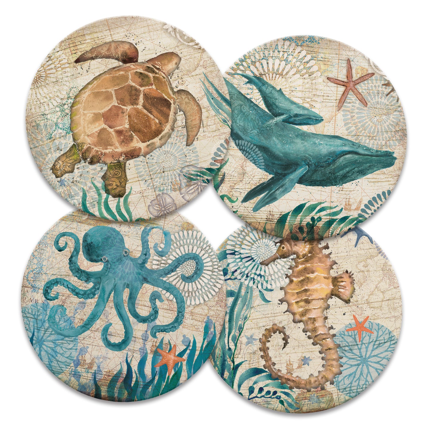 Drink Coasters Absorbent Stone Bar Coaster Set of 4, Counterart Beach Theme Funny Art Coastal Coasters for Drinks Coffee Mugs Cups Beer Wine Bottle Cocktail Desk (Ocean Life)