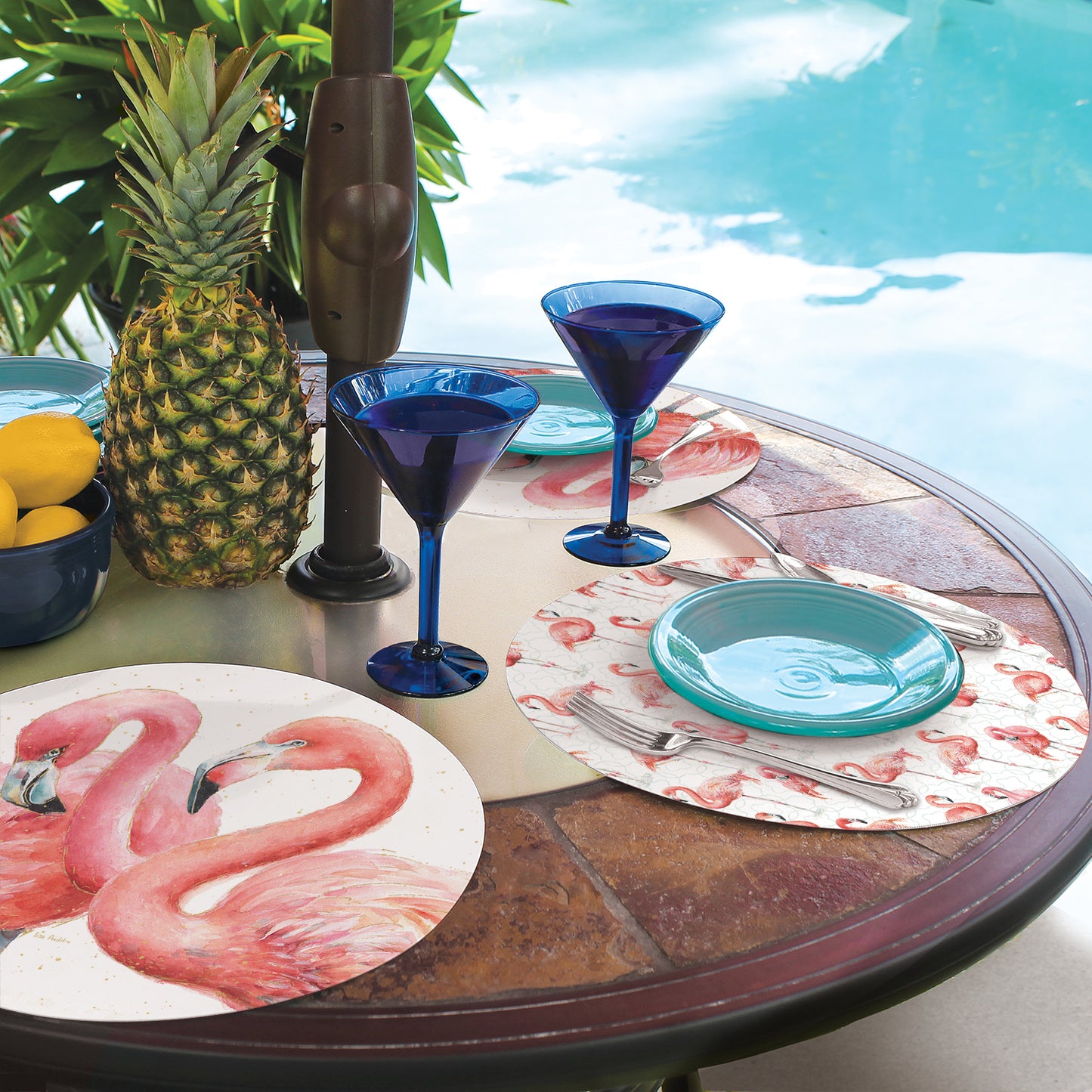 CounterArt Gracefully Pink Flamingo 4 Pack Round Reversible Easy Care Flexible Placemats Made in the USA