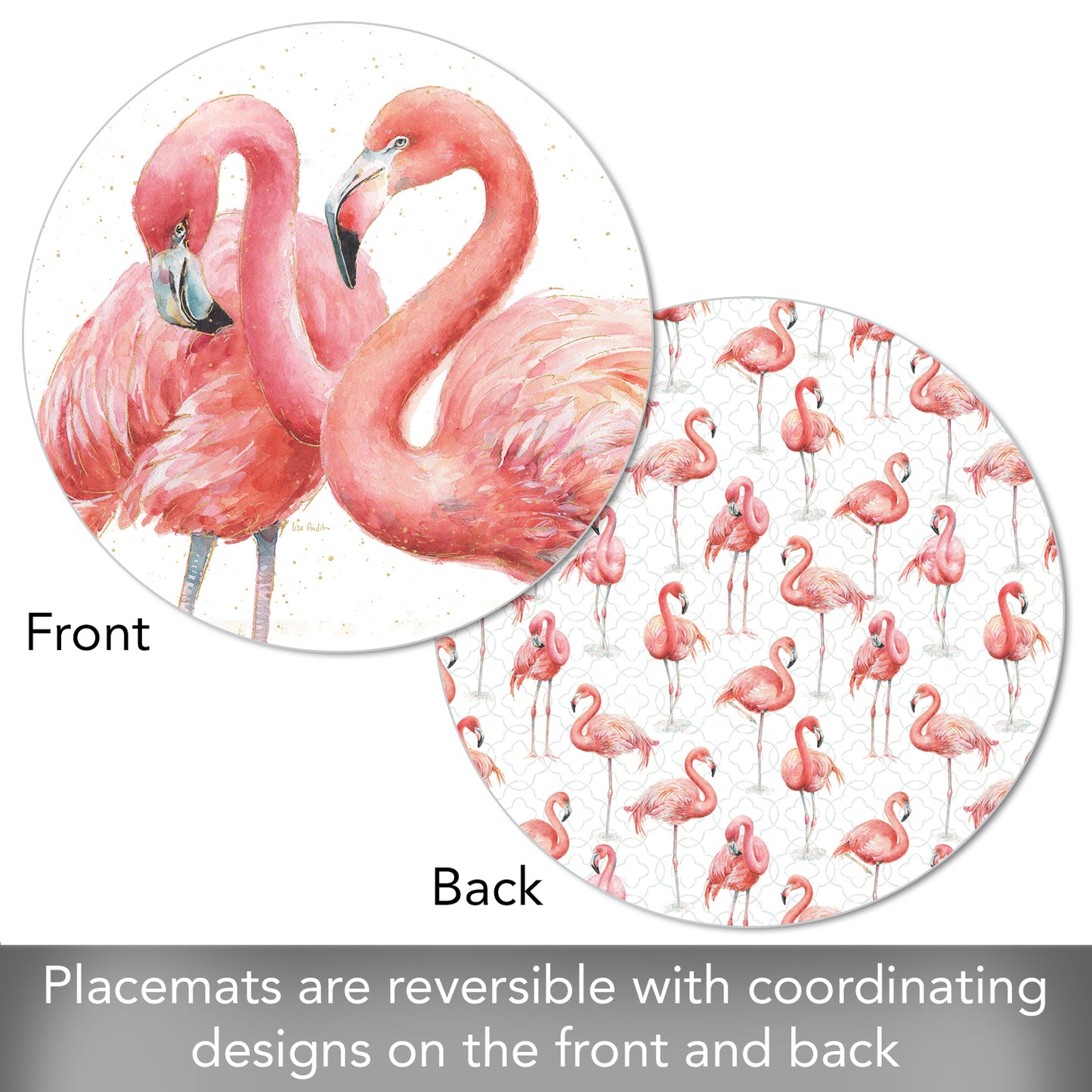 CounterArt Gracefully Pink Flamingo 4 Pack Round Reversible Easy Care Flexible Placemats Made in the USA