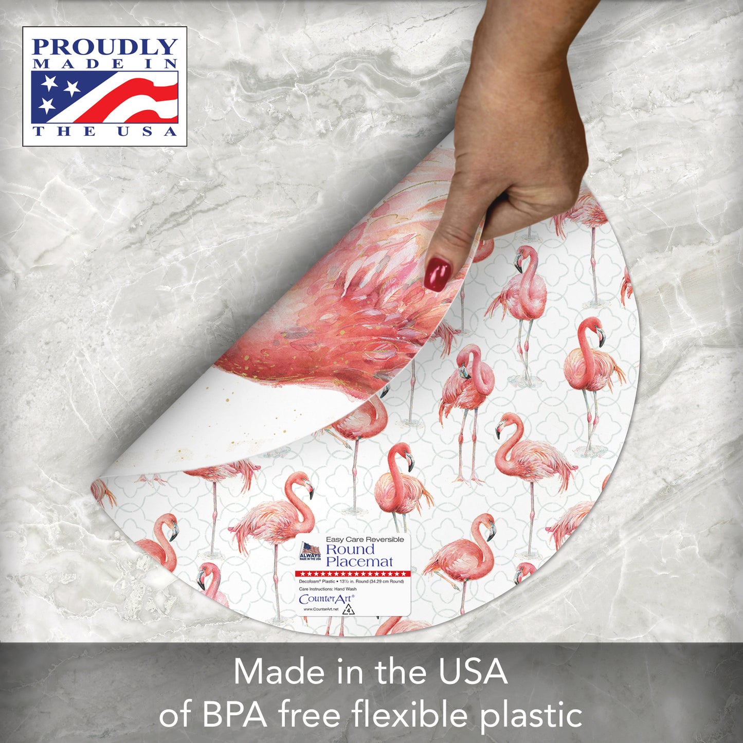CounterArt Gracefully Pink Flamingo 4 Pack Round Reversible Easy Care Flexible Placemats Made in the USA