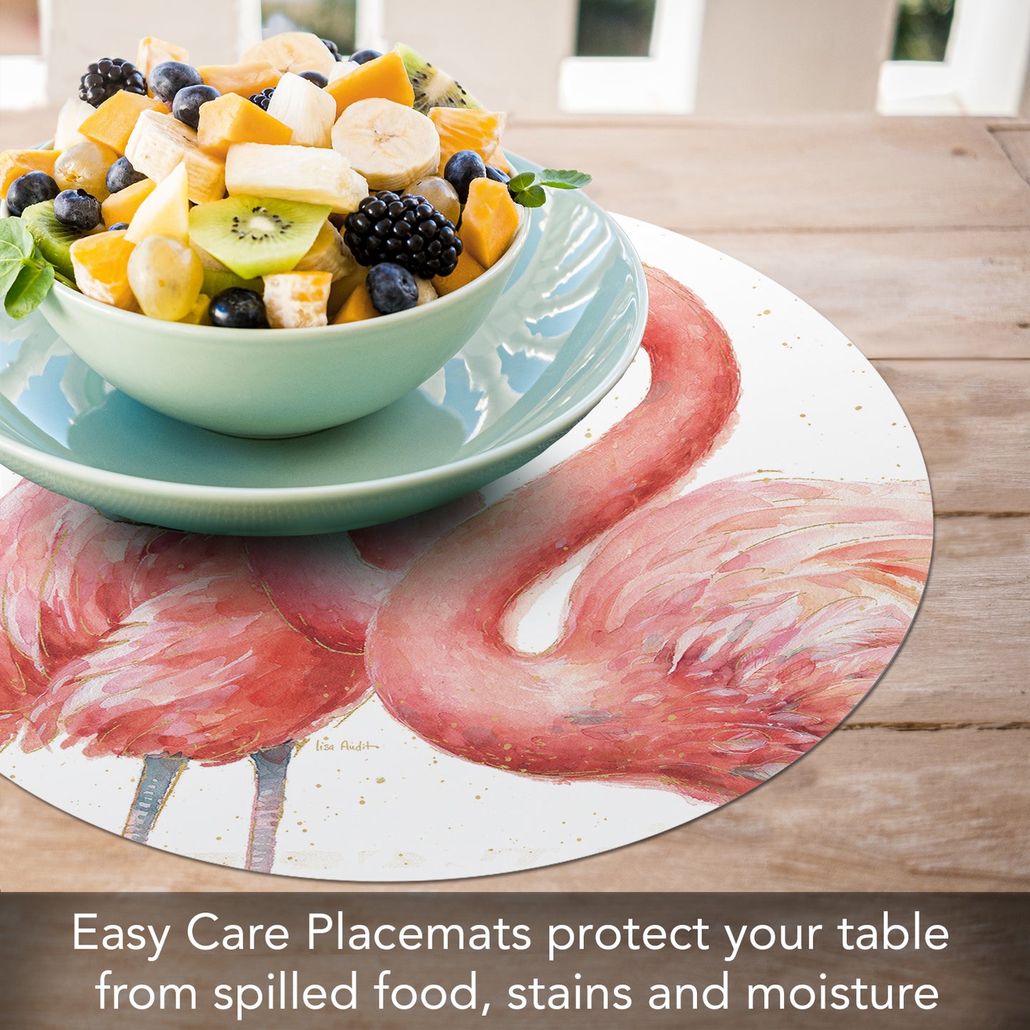 CounterArt Gracefully Pink Flamingo 4 Pack Round Reversible Easy Care Flexible Placemats Made in the USA