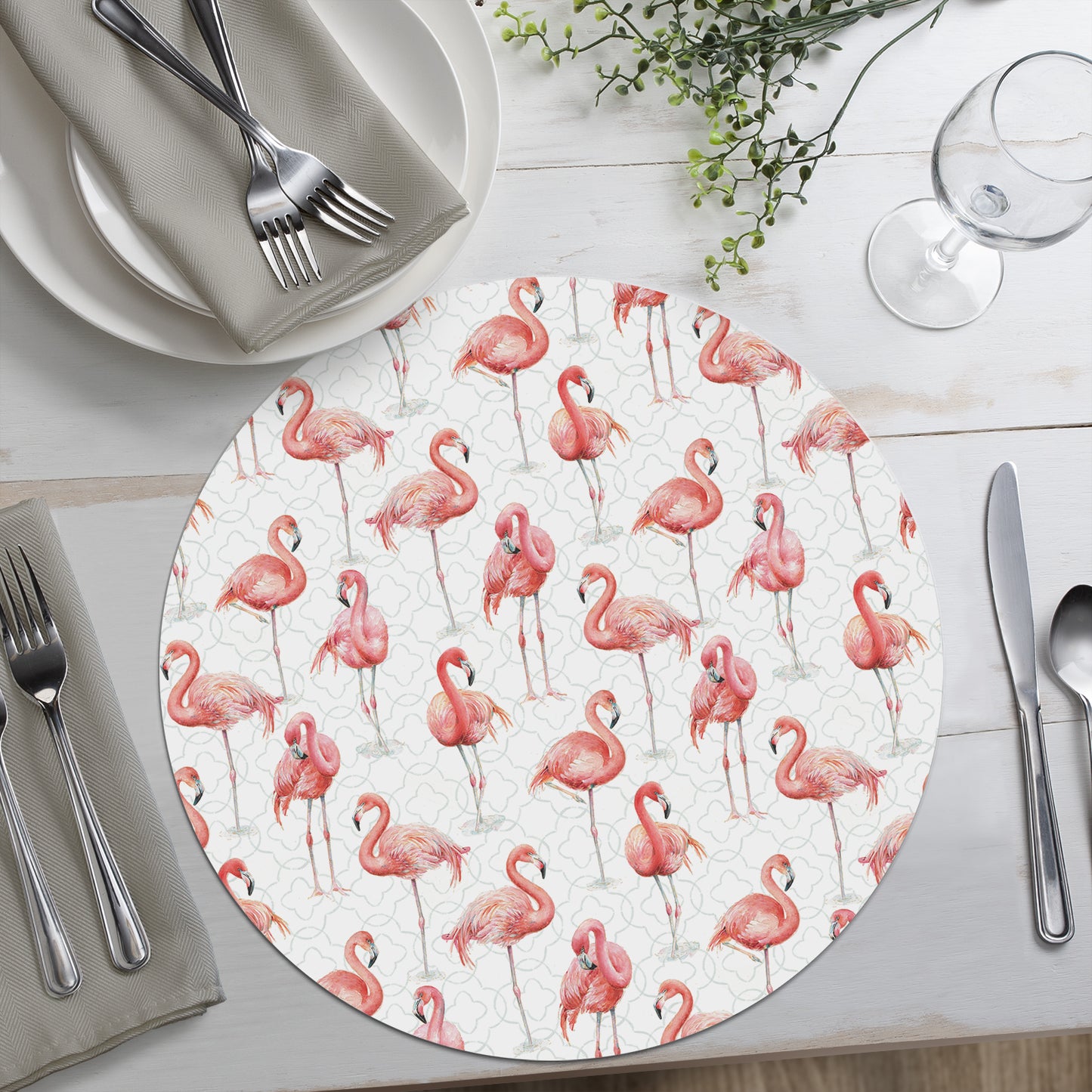 CounterArt Gracefully Pink Flamingo 4 Pack Round Reversible Easy Care Flexible Placemats Made in the USA