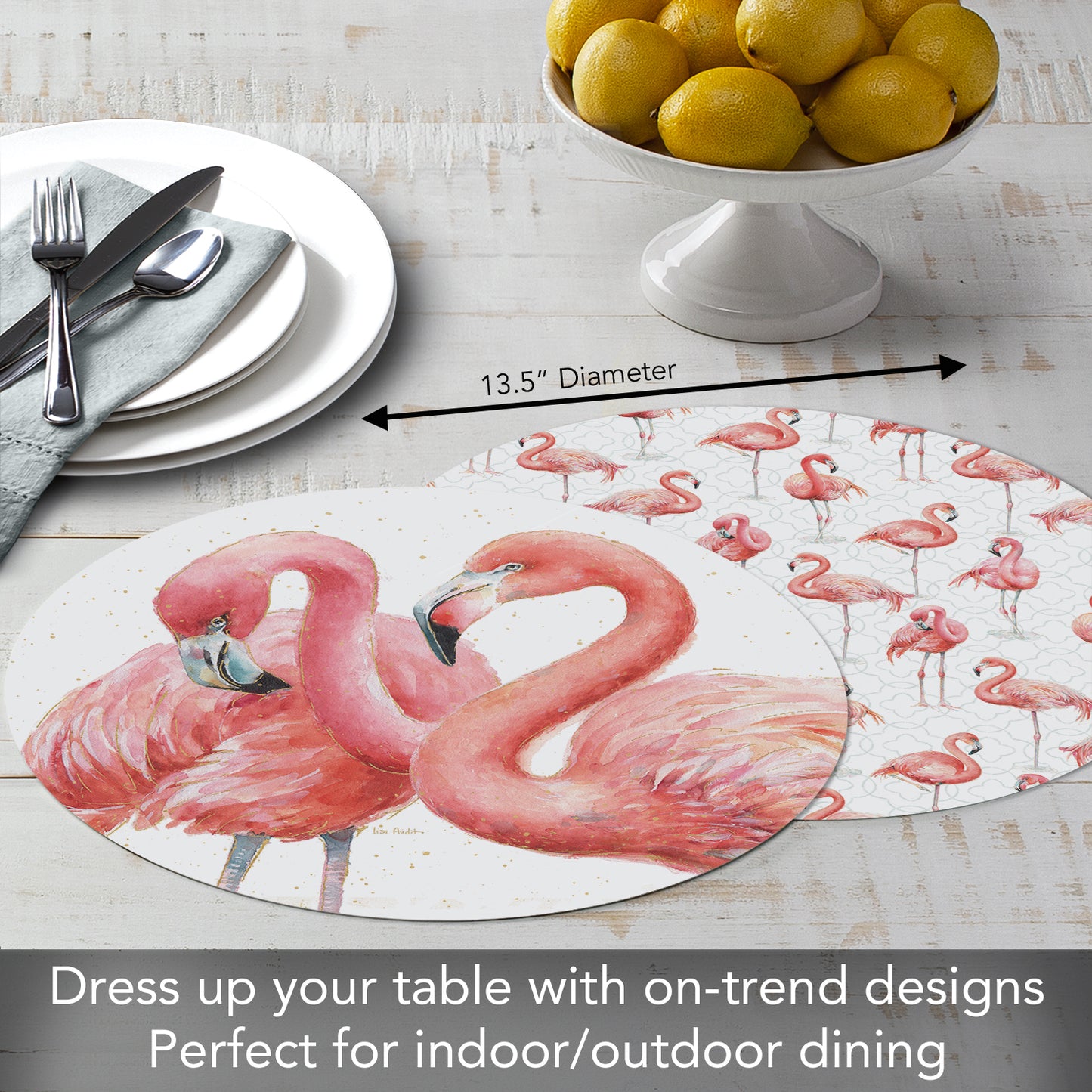 CounterArt Gracefully Pink Flamingo 4 Pack Round Reversible Easy Care Flexible Placemats Made in the USA
