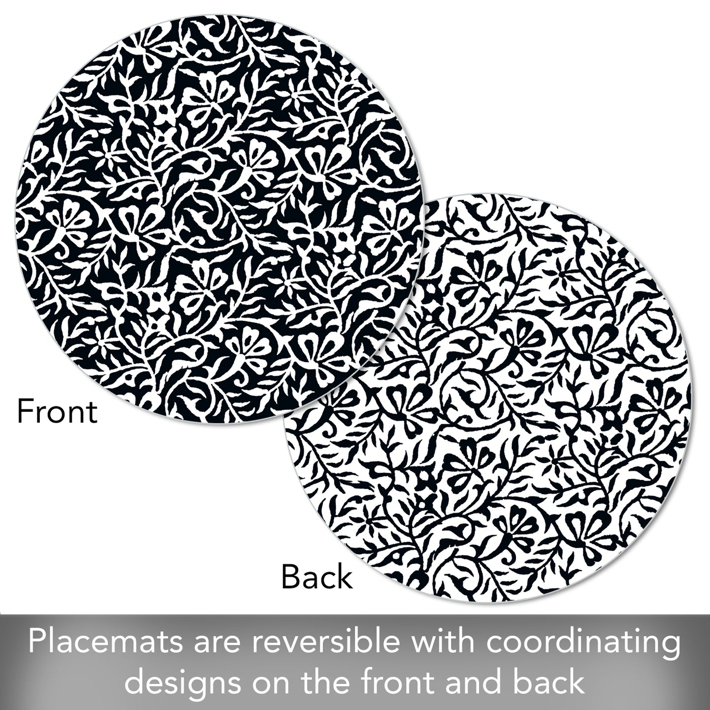 CounterArt Black & White Woodblock Round Reversible Easy Care Flexible Plastic Placemat, 4 Pack, Made in The USA