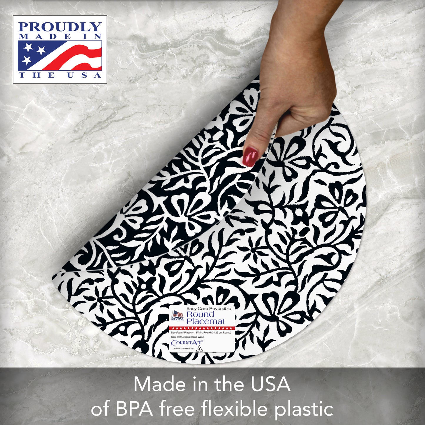 CounterArt Black & White Woodblock Round Reversible Easy Care Flexible Plastic Placemat, 4 Pack, Made in The USA