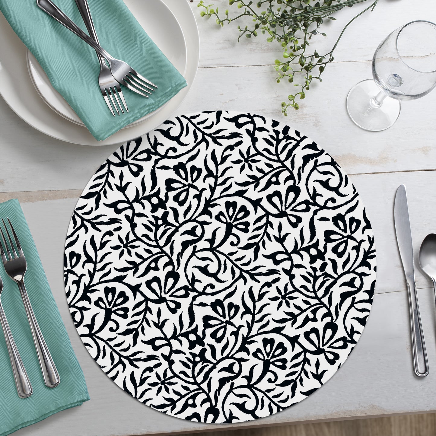CounterArt Black & White Woodblock Round Reversible Easy Care Flexible Plastic Placemat, 4 Pack, Made in The USA