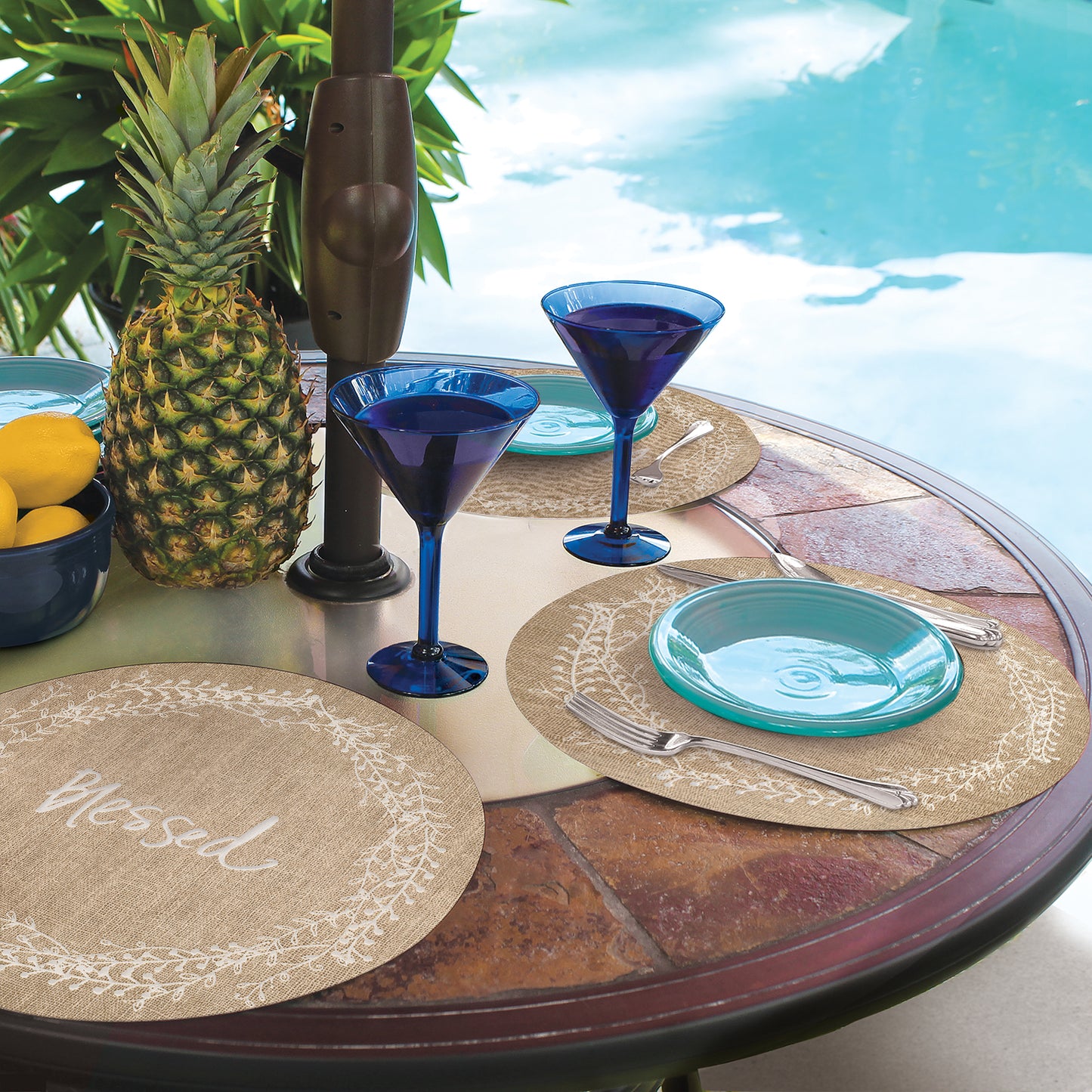 CounterArt Family Blessed 4 Pack Round Reversible Easy Care Flexible Placemats Made in the USA