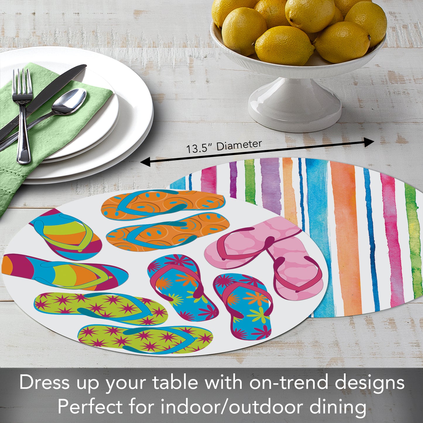 CounterArt Summer Flip Flops 4 Pack Round Reversible Easy Care Flexible Placemats Made in the USA
