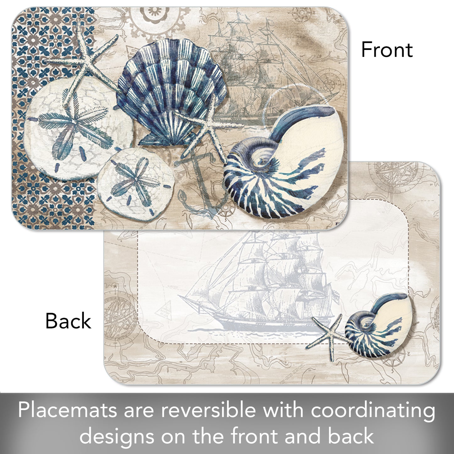 CounterArt Tide Pool Shells 4 Pack Reversible Easy Care Flexible Placemats Made in the USA