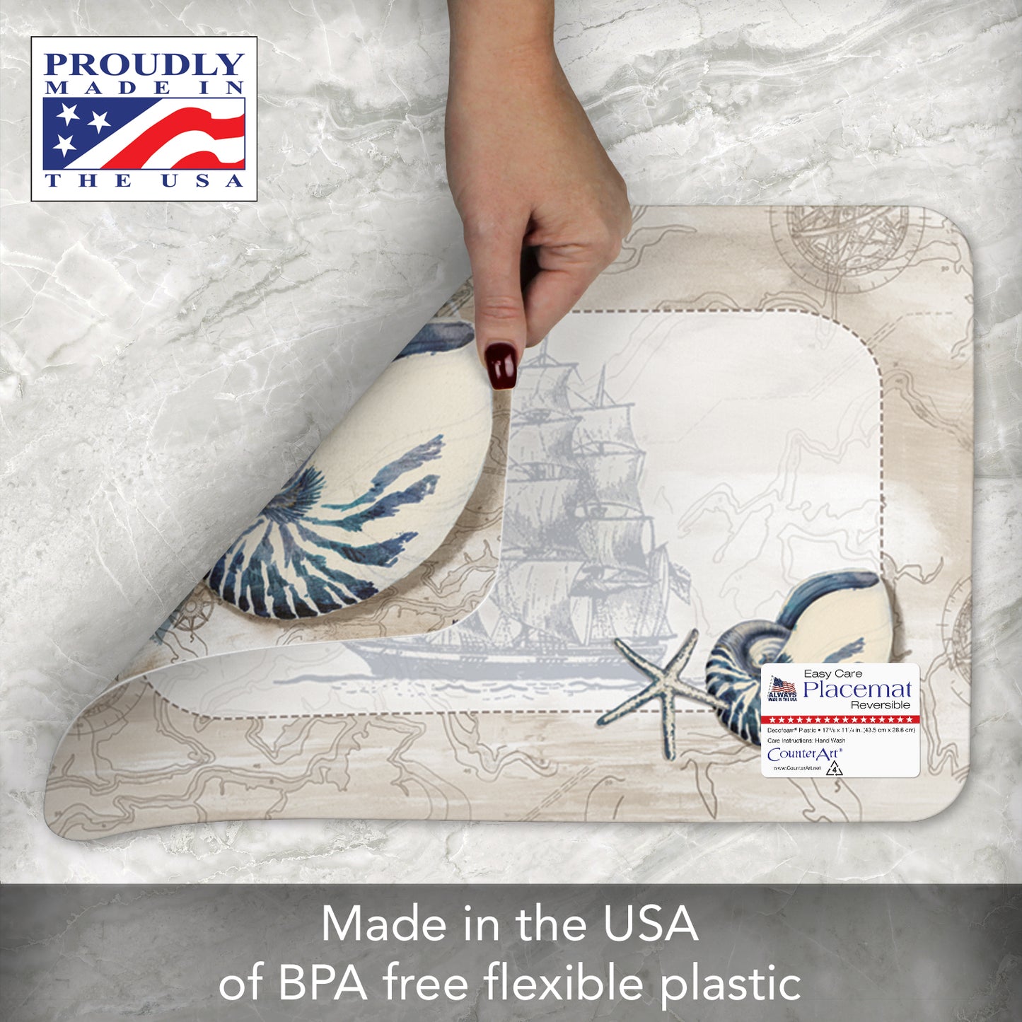 CounterArt Tide Pool Shells 4 Pack Reversible Easy Care Flexible Placemats Made in the USA