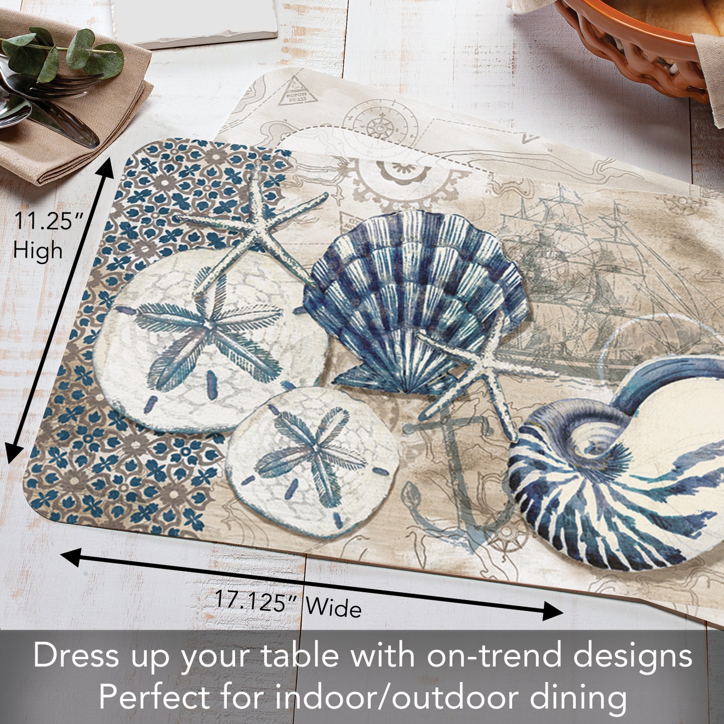 CounterArt Tide Pool Shells 4 Pack Reversible Easy Care Flexible Placemats Made in the USA