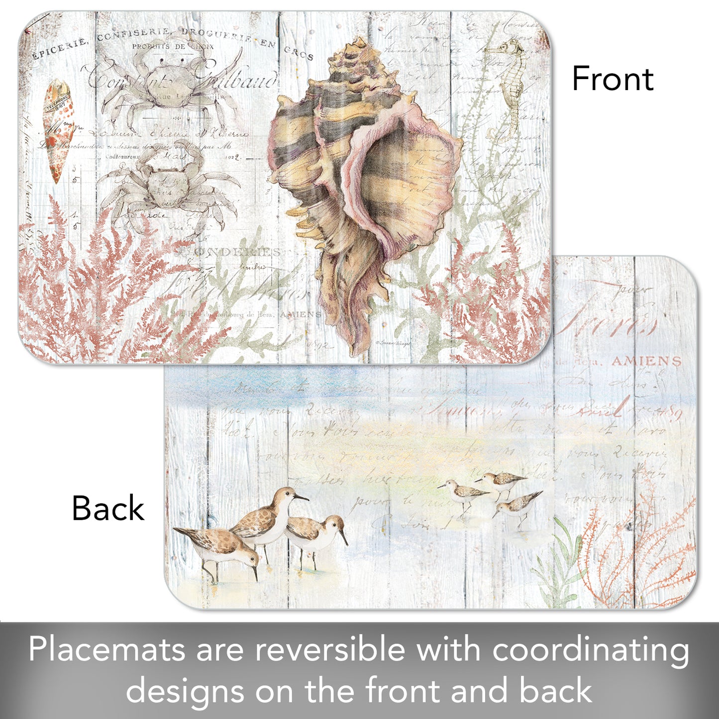 CounterArt Shoreline Shells 4 Pack Reversible Easy Care Flexible Plastic Placemats Made in The USA BPA Free, Easily Wipes Clean