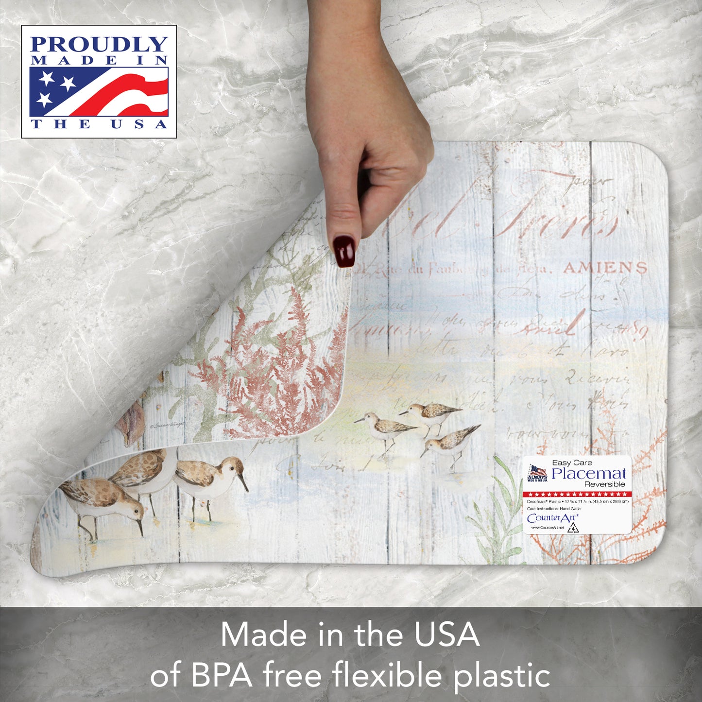 CounterArt Shoreline Shells 4 Pack Reversible Easy Care Flexible Plastic Placemats Made in The USA BPA Free, Easily Wipes Clean