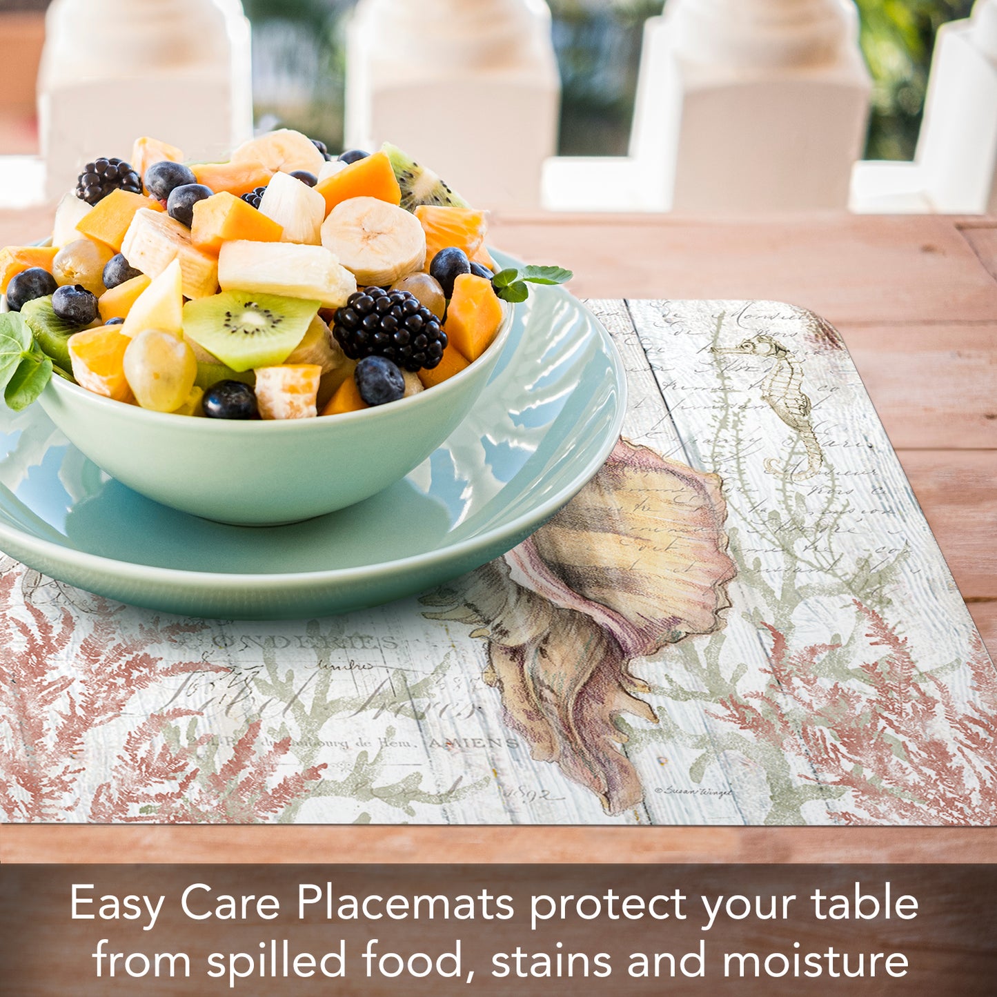CounterArt Shoreline Shells 4 Pack Reversible Easy Care Flexible Plastic Placemats Made in The USA BPA Free, Easily Wipes Clean