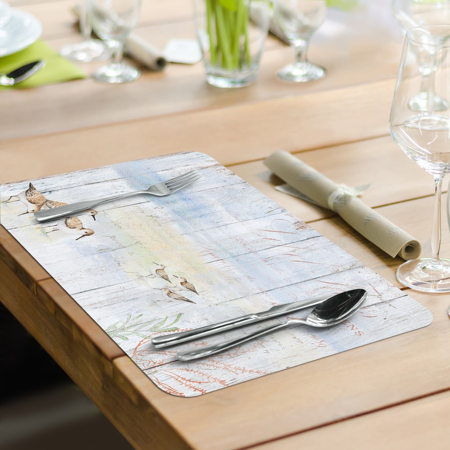 CounterArt Shoreline Shells 4 Pack Reversible Easy Care Flexible Plastic Placemats Made in The USA BPA Free, Easily Wipes Clean