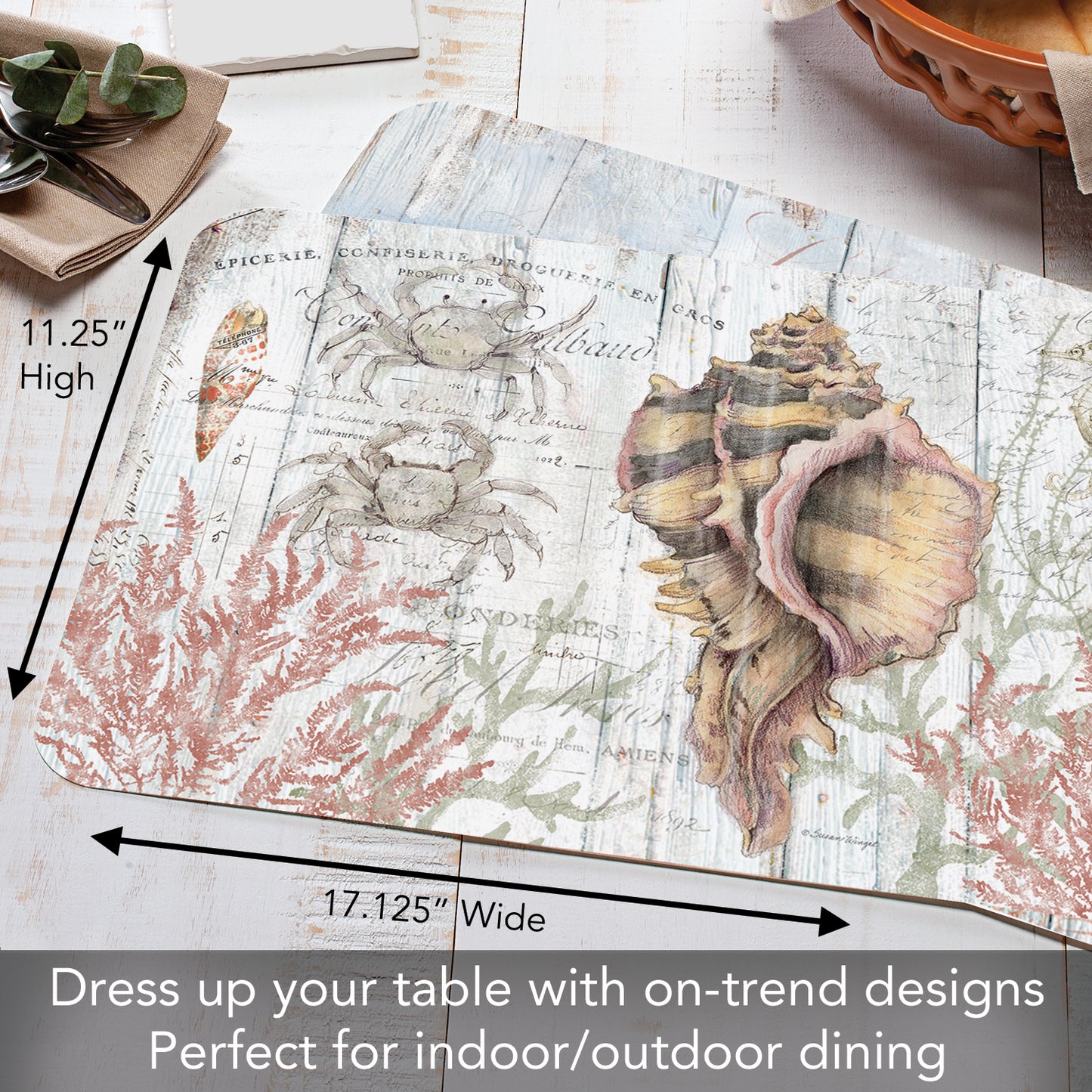 CounterArt Shoreline Shells 4 Pack Reversible Easy Care Flexible Plastic Placemats Made in The USA BPA Free, Easily Wipes Clean