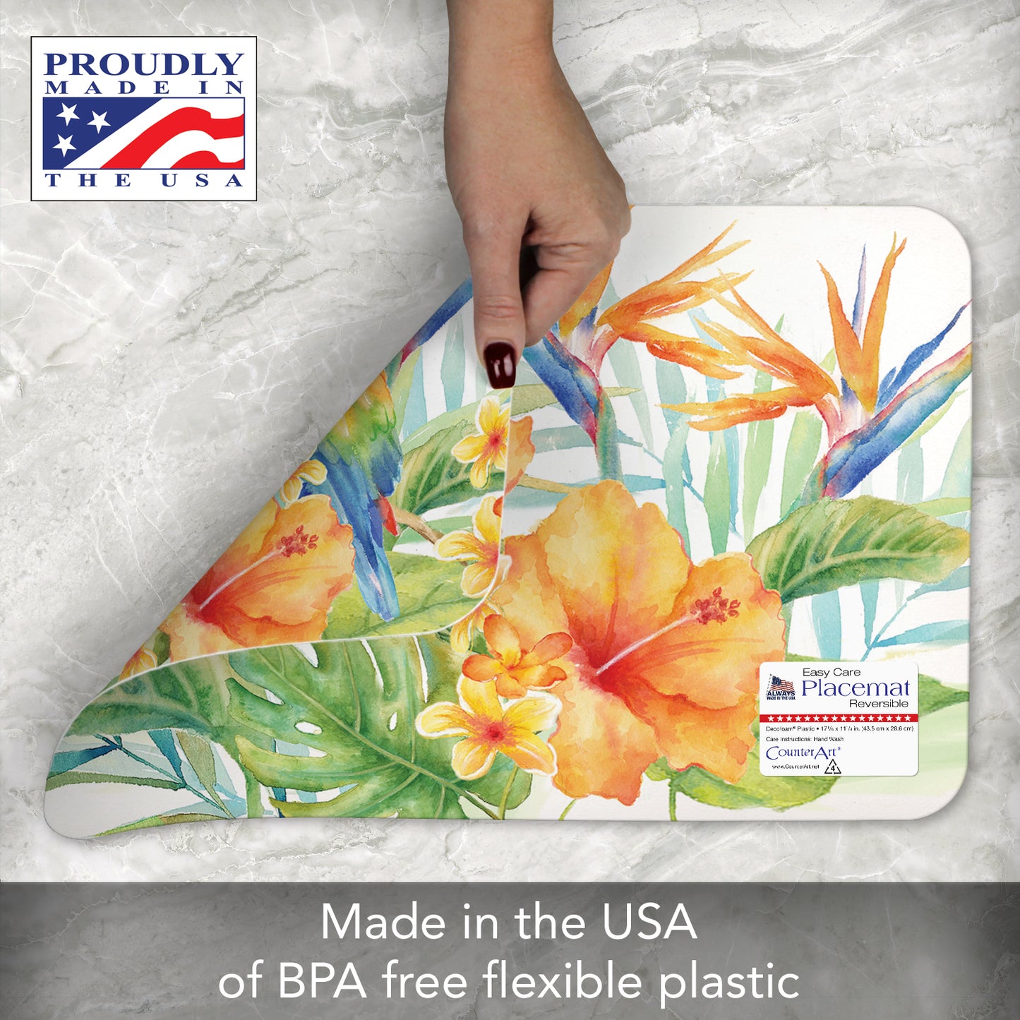 Counterart Tropical Birds 4 Pack Reversible Easy Care Flexible Placemats Made in the USA