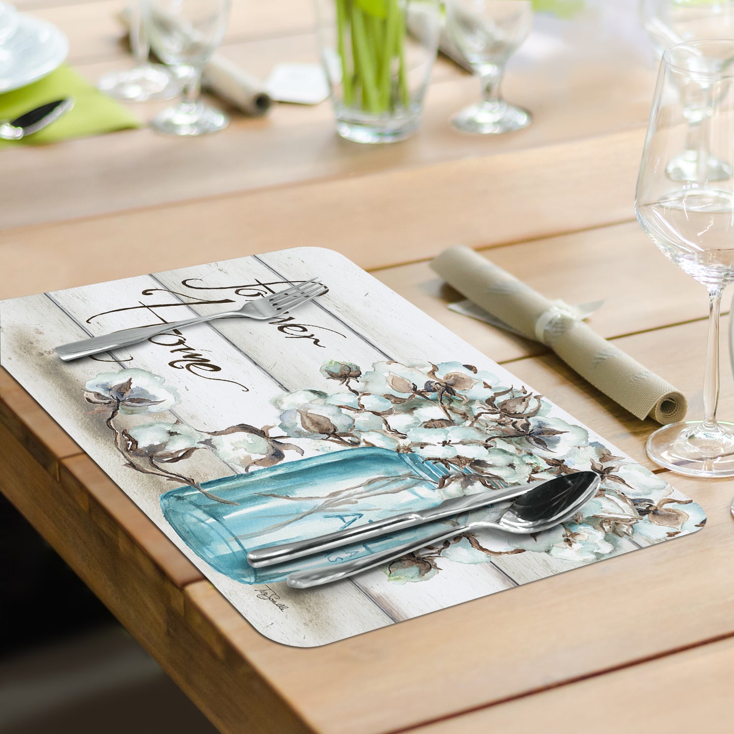 CounterArt Cotton Boll 4 Pack Reversible Easy Care Flexible Plastic Placemats Made in The USA BPA Free Easily Wipes Clean