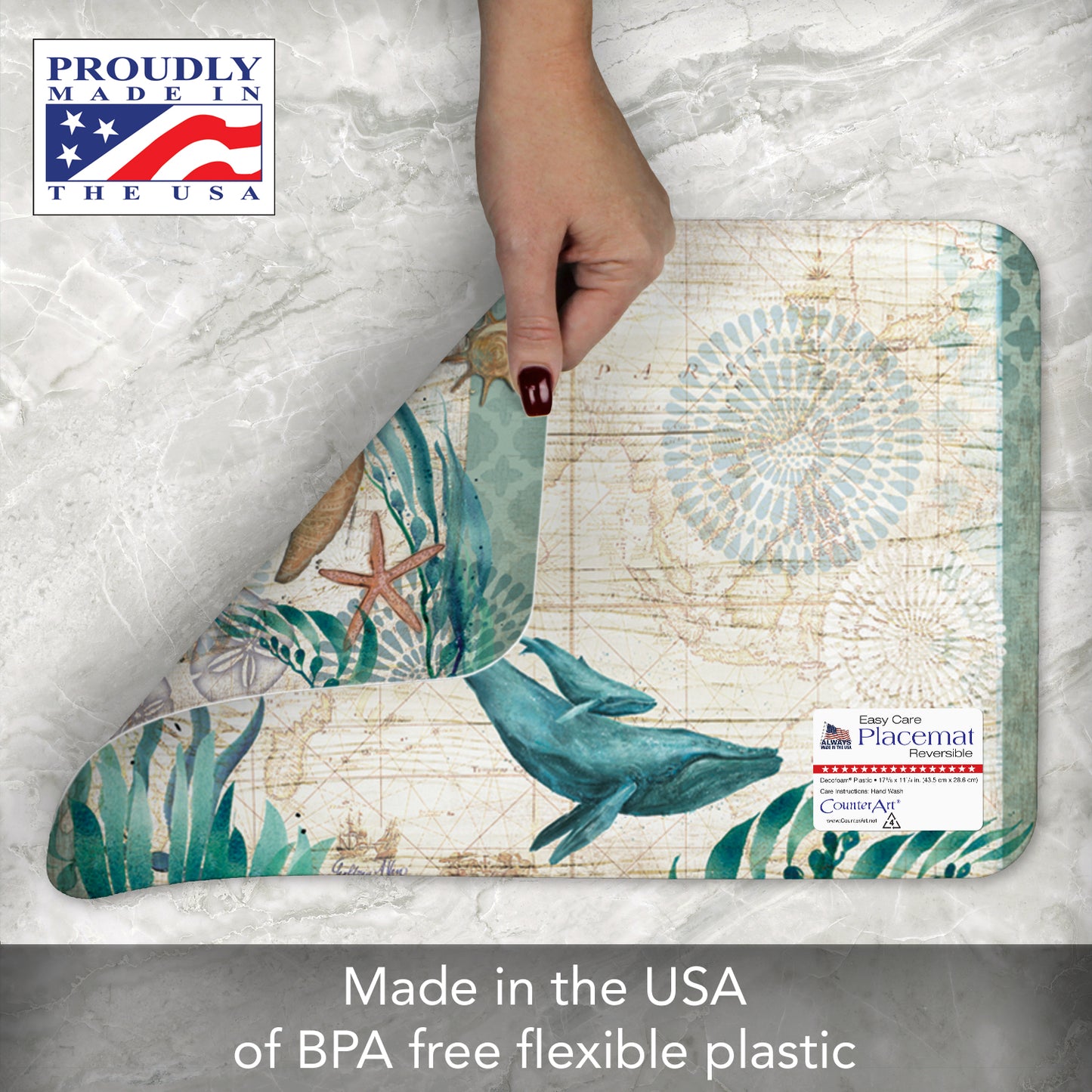CounterArt Monterey Bay Turtle 4 Pack Reversible Easy Care Flexible Placemats Made in the USA
