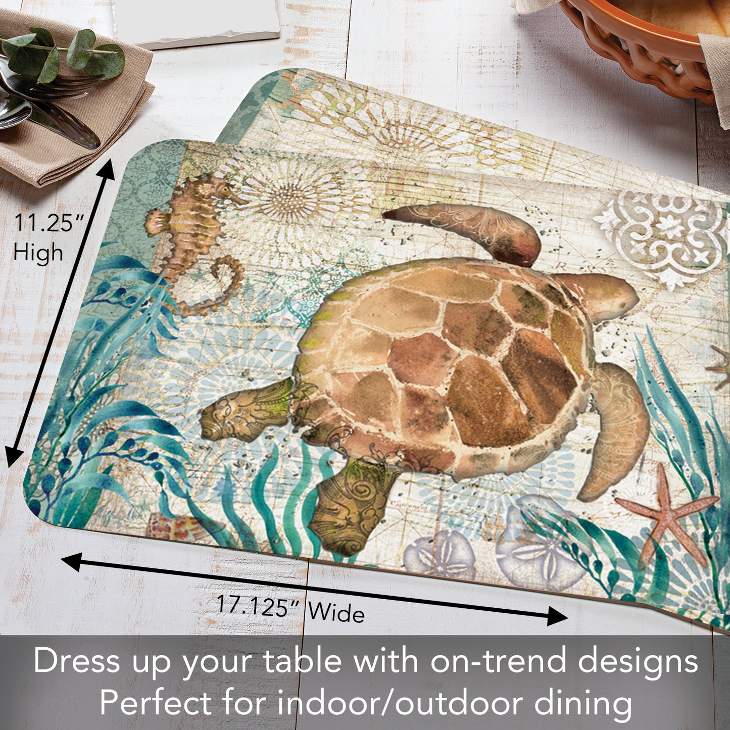 CounterArt Monterey Bay Turtle 4 Pack Reversible Easy Care Flexible Placemats Made in the USA