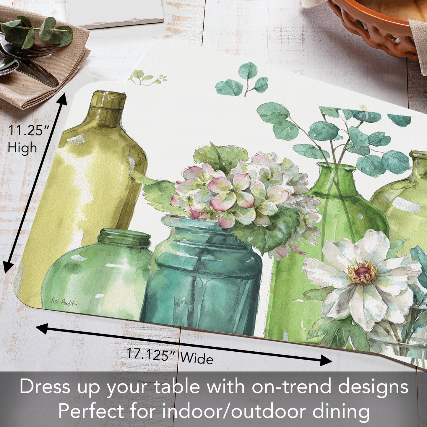 CounterArt Greenery 4 Pack Reversible Easy Care Flexible Placemats Made in the USA