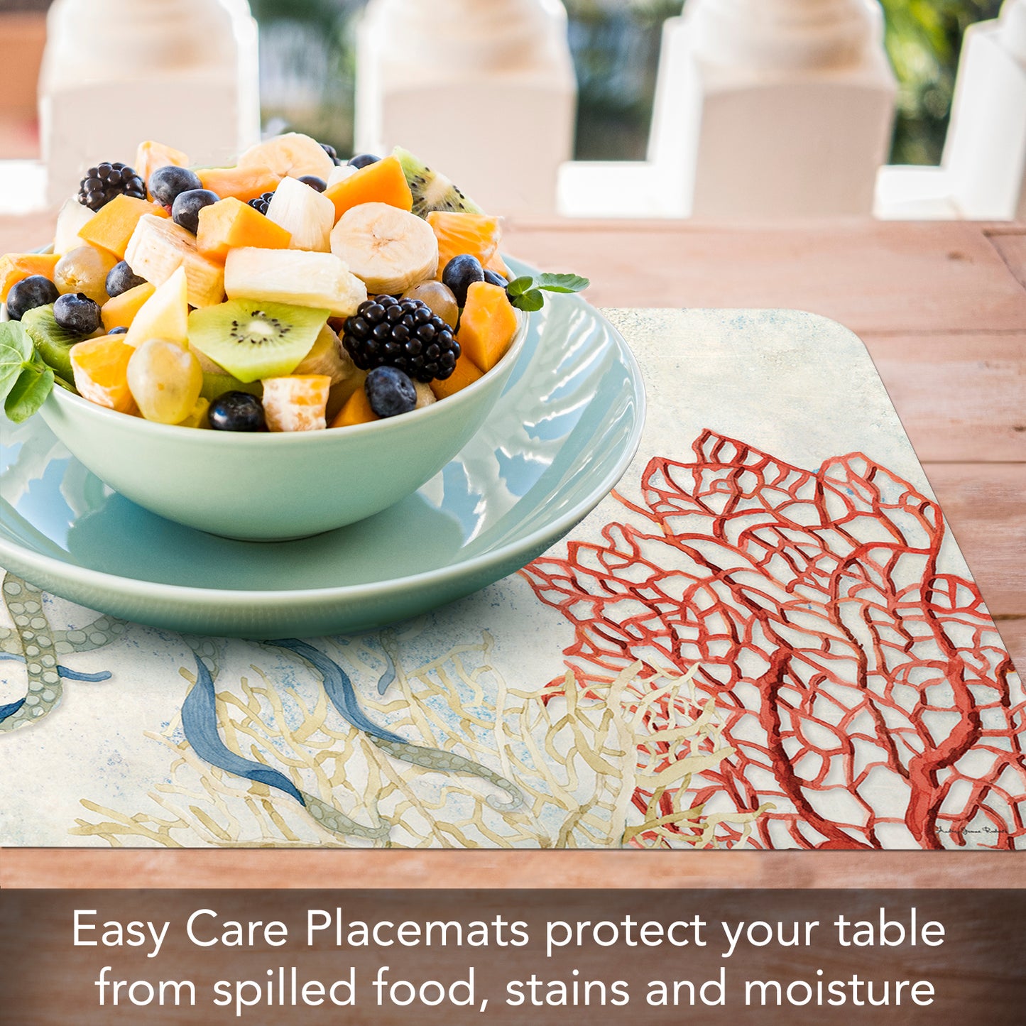 CounterArt Indigo Ocean 4 Pack Reversible Easy Care Flexible Plastic Placemats Made in The USA BPA Free, Easily Wipes Clean