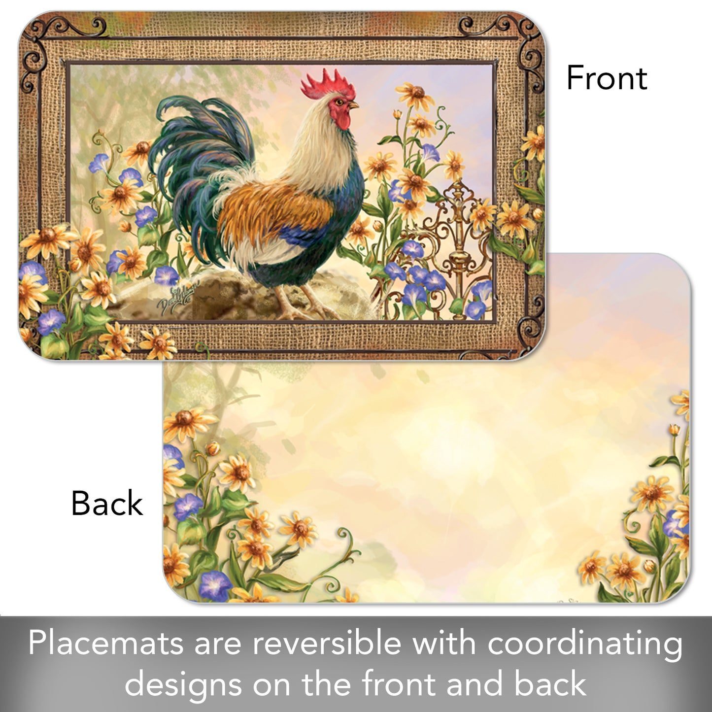CounterArt Country Charm Rooster 4 Pack Reversible Easy Care Flexible Placemats Made in The USA