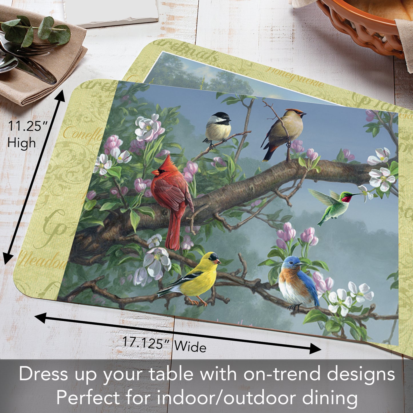 CounterArt Beautiful Songbirds 4 Pack Reversible Easy Care Flexible Placemats Made in The USA