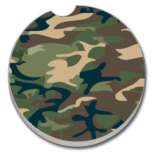Green Camouflage Single Absorbent Stone Car Coaster 2.6” Diameter Manufactured in the USA