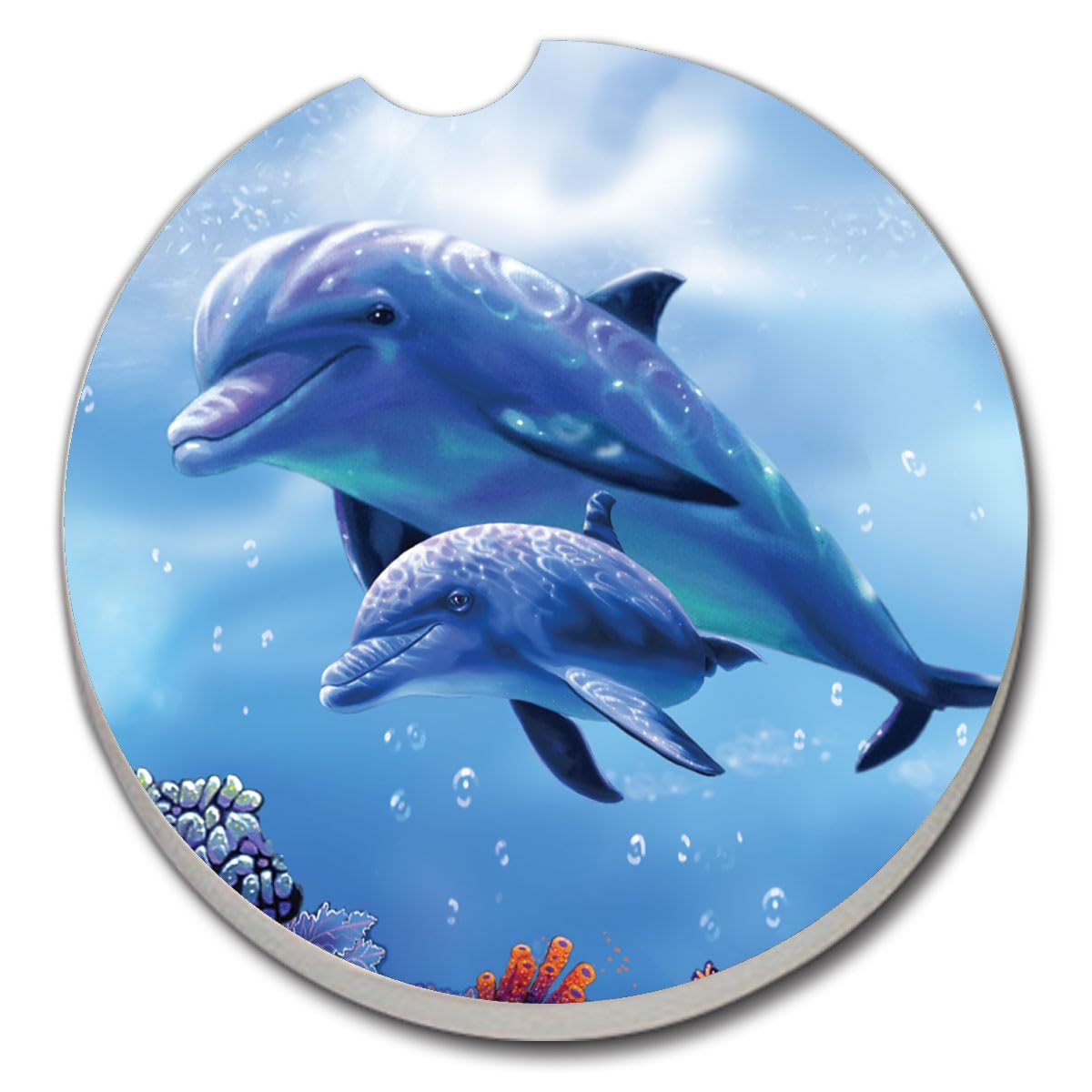 CounterArt Dolphin & Baby Single Absorbnent Stone Coaster for Vehicle Cup Holder 2.6” Diameter Manufactured in The USA