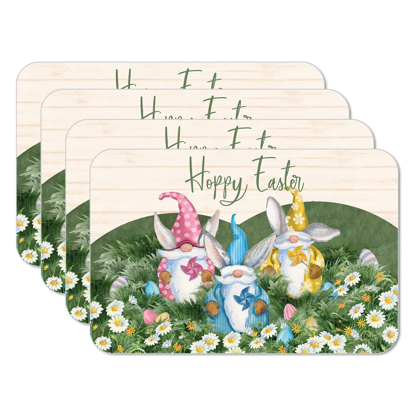 CounterArt Hoppy Easter Gnomes 4 Pack Easy Care Flexible Plastic Placemat Made in The USA BPA Free, Easily Wipes Clean