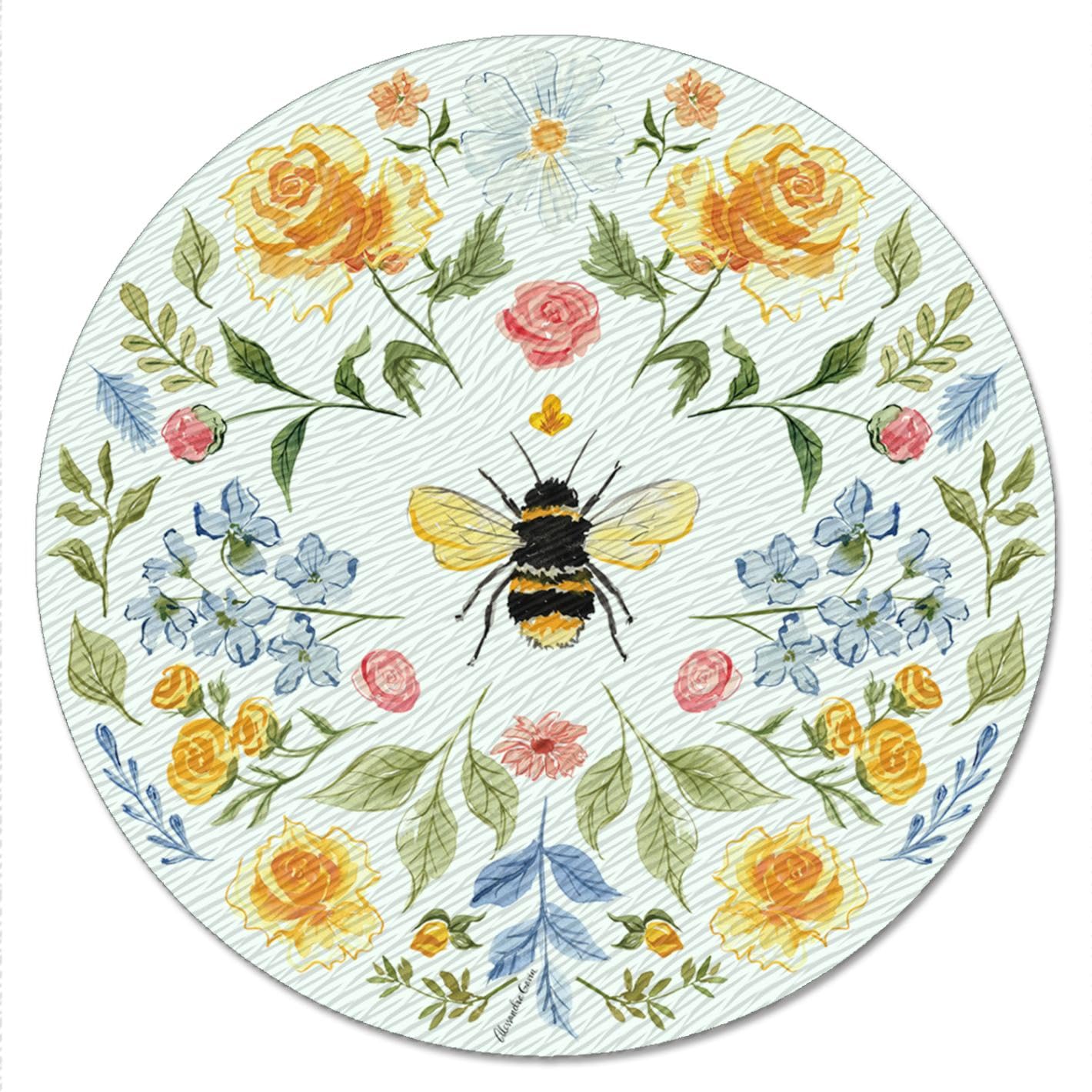 CounterArt Floral Bee 4mm Tempered Glass Lazy Susan Turntable 13" Diameter