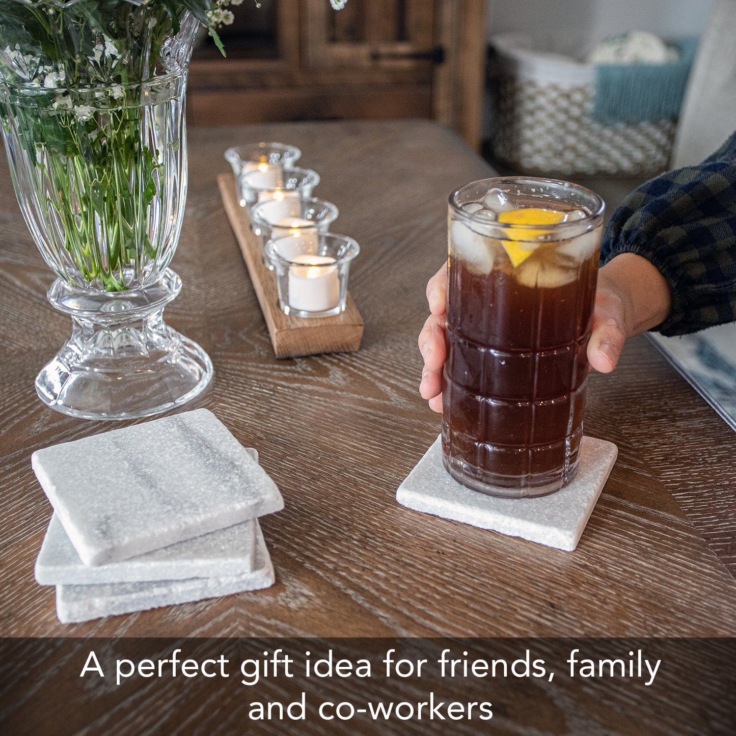 Thirstystone Authentic Natural Marble Stone Cork Backed Coasters 4 Pack Elegant Luxurious Easily Wipes Clean