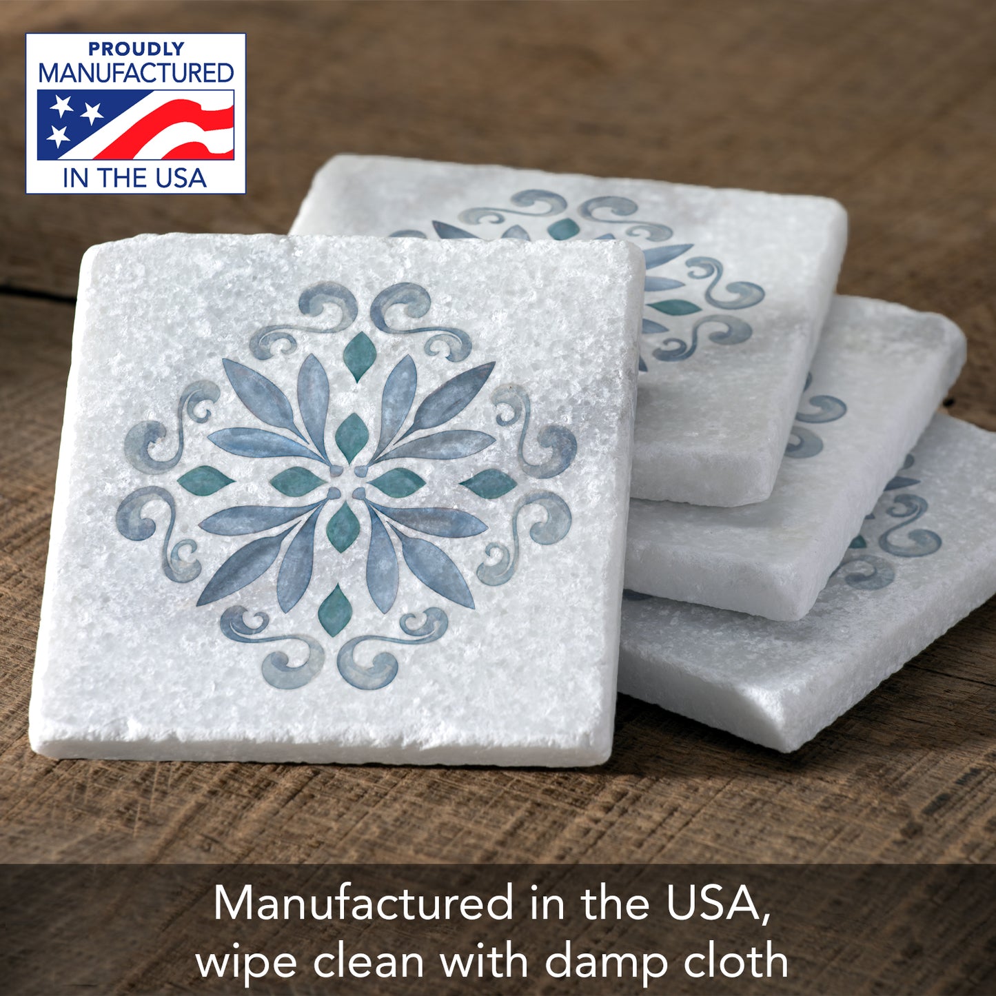 Thirstystone Jeweled Mandala 4-Pack Natural Marble Stone Coaster with Protective Cork Backing Manufactured in The USA