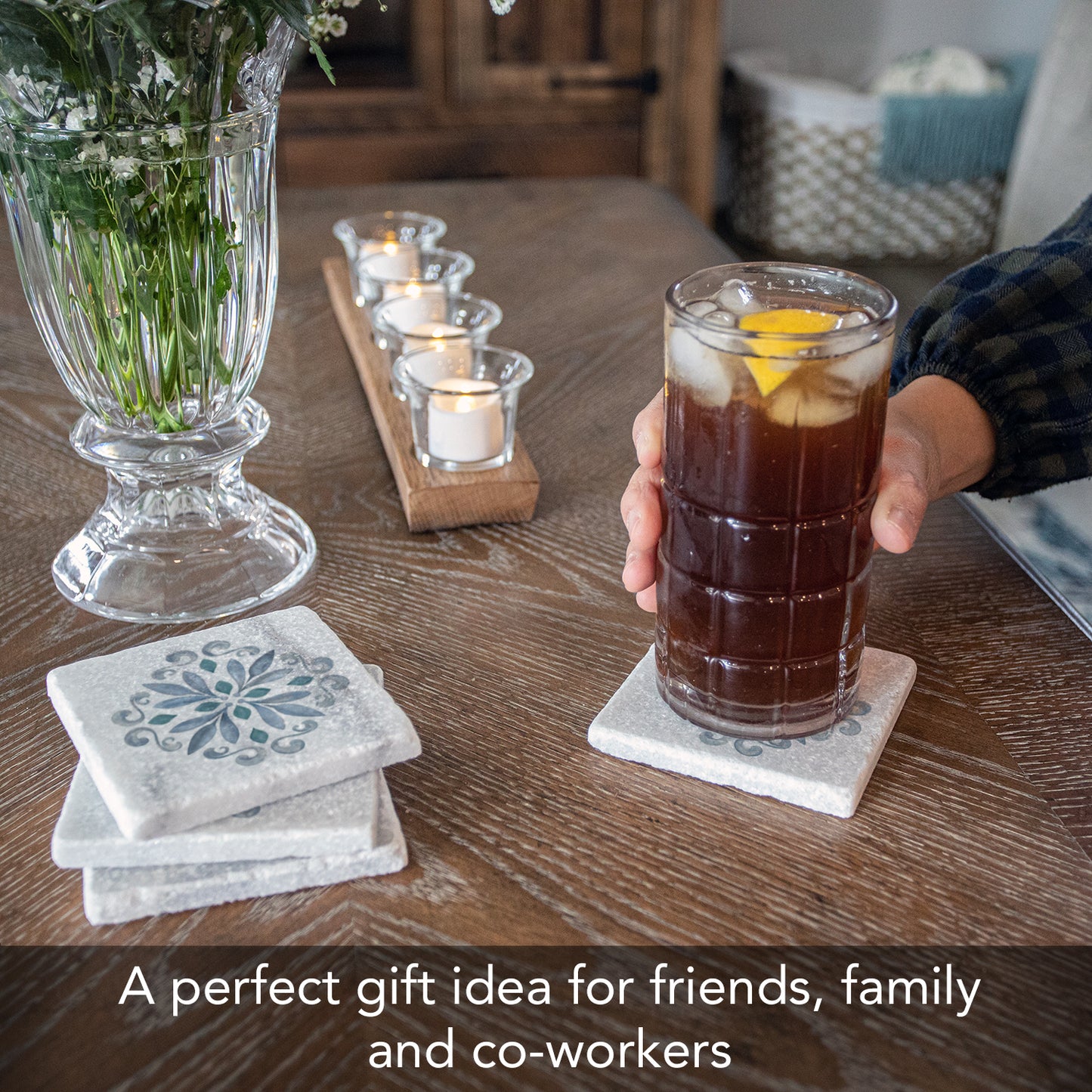 Thirstystone Jeweled Mandala 4-Pack Natural Marble Stone Coaster with Protective Cork Backing Manufactured in The USA