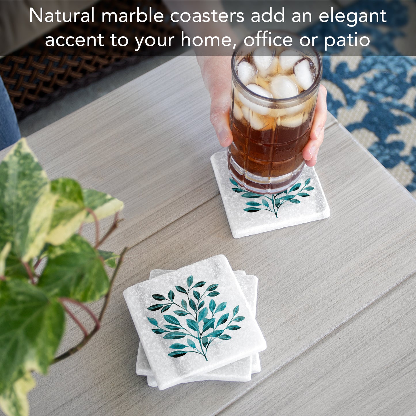 Thirstystone Teal Leaves 4-Pack Natural Marble Stone Coaster with Protective Cork Backing Manufactured in The USA