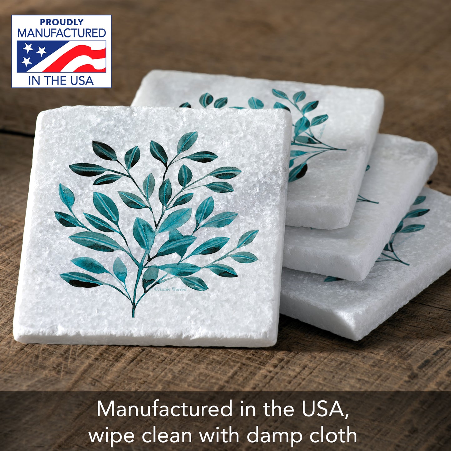 Thirstystone Teal Leaves 4-Pack Natural Marble Stone Coaster with Protective Cork Backing Manufactured in The USA