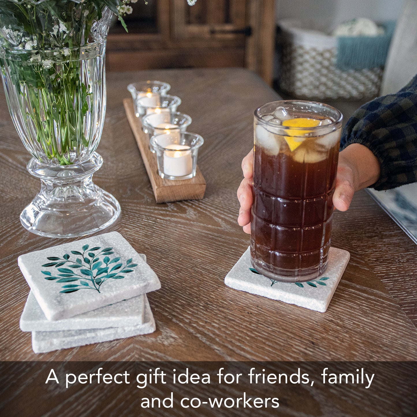 Thirstystone Teal Leaves 4-Pack Natural Marble Stone Coaster with Protective Cork Backing Manufactured in The USA