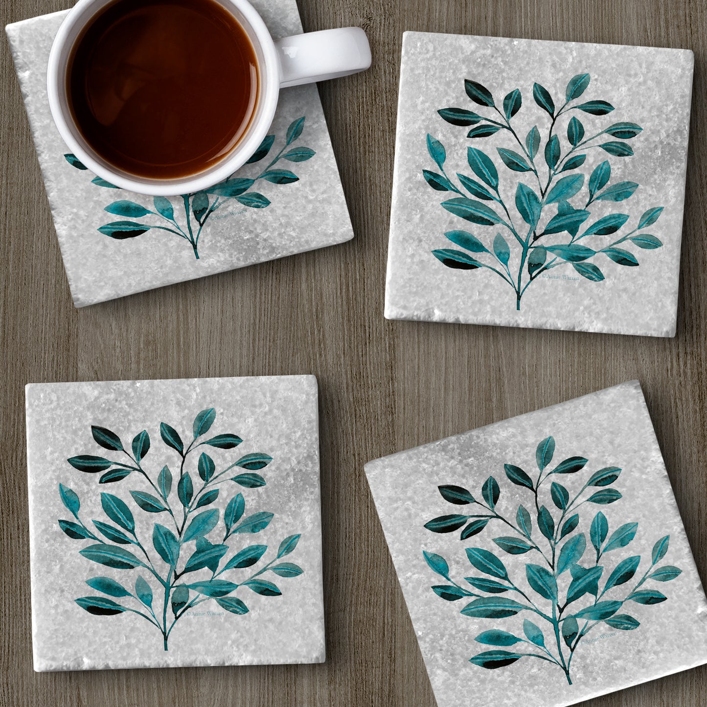 Thirstystone Teal Leaves 4-Pack Natural Marble Stone Coaster with Protective Cork Backing Manufactured in The USA